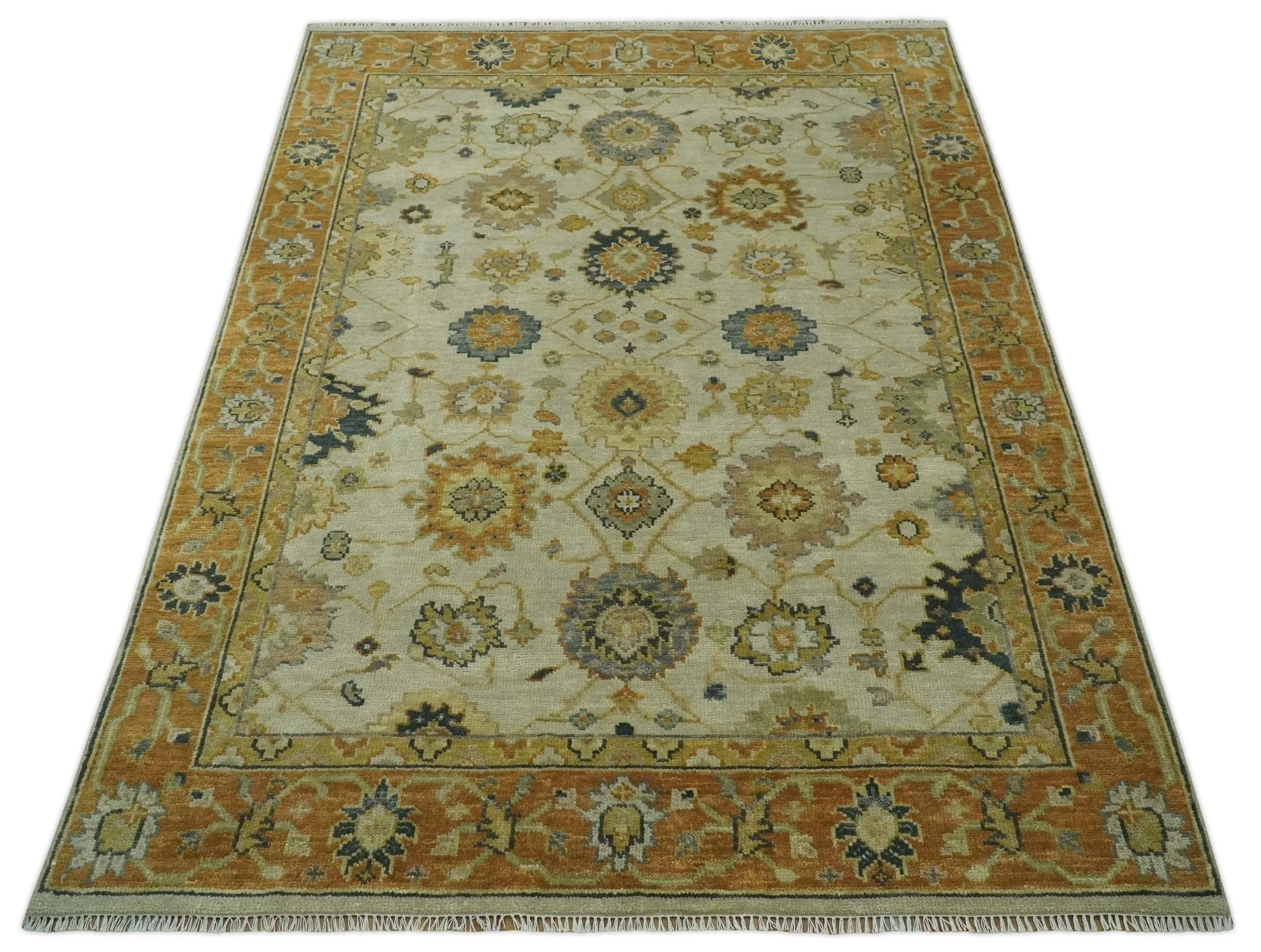 Beige and Gold 8x10 Traditional Oriental Oushak wool Rug - Image 11