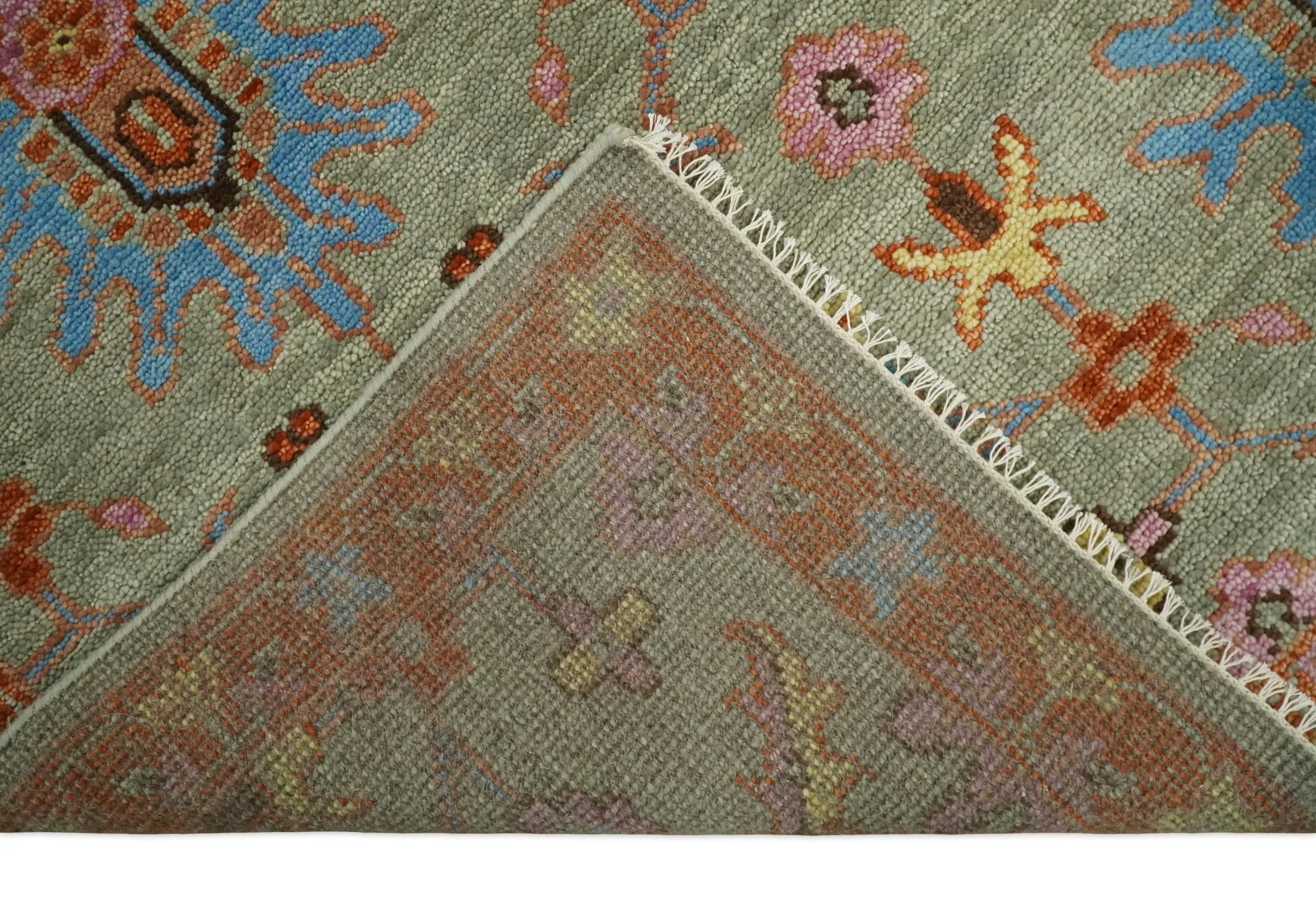 Vintage Style Beige, Rust, Pink and Blue Hand Knotted Traditional Oushak Multi Size wool Area Rug - Image 11