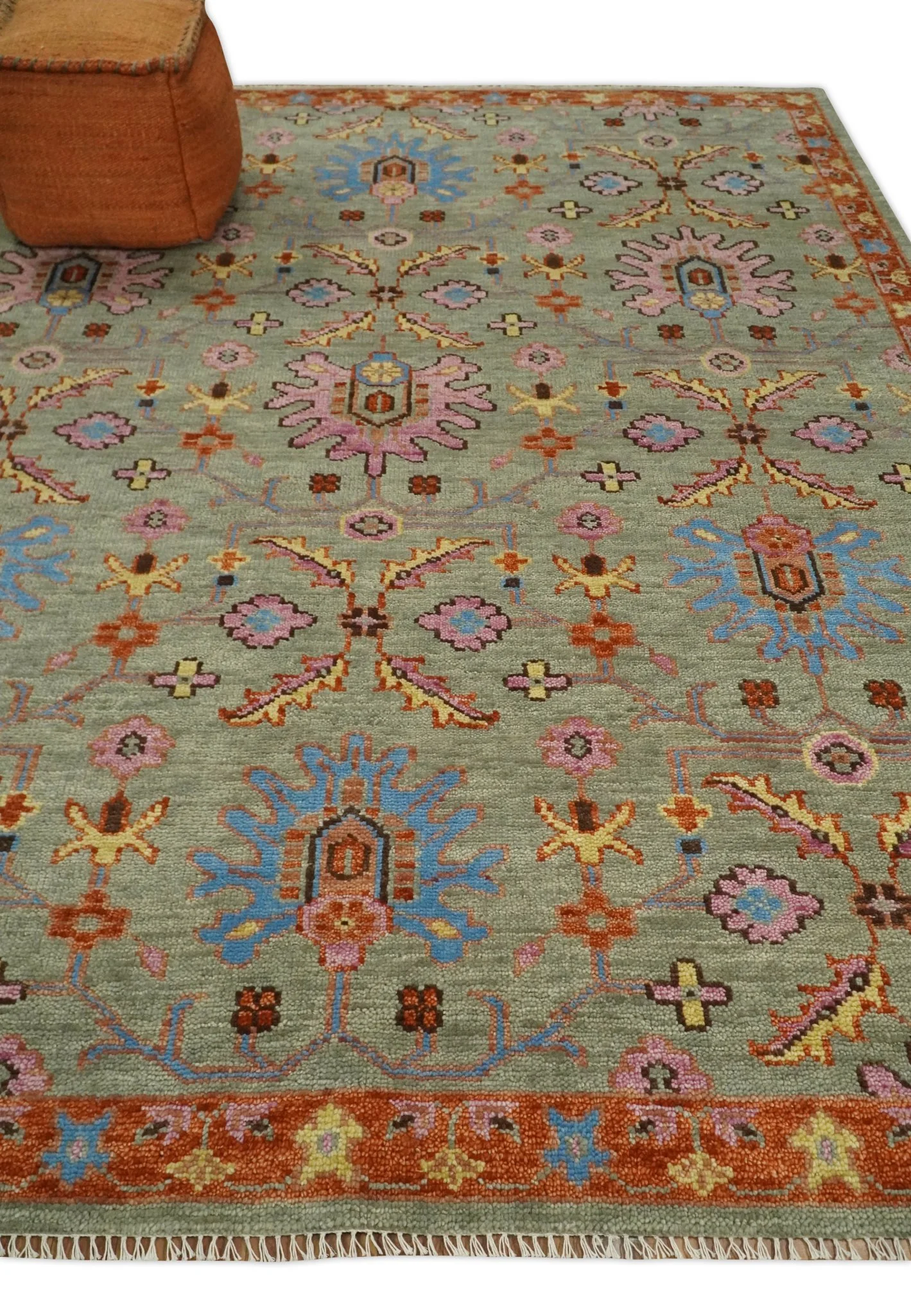 Vintage Style Beige, Rust, Pink and Blue Hand Knotted Traditional Oushak Multi Size wool Area Rug - Image 3