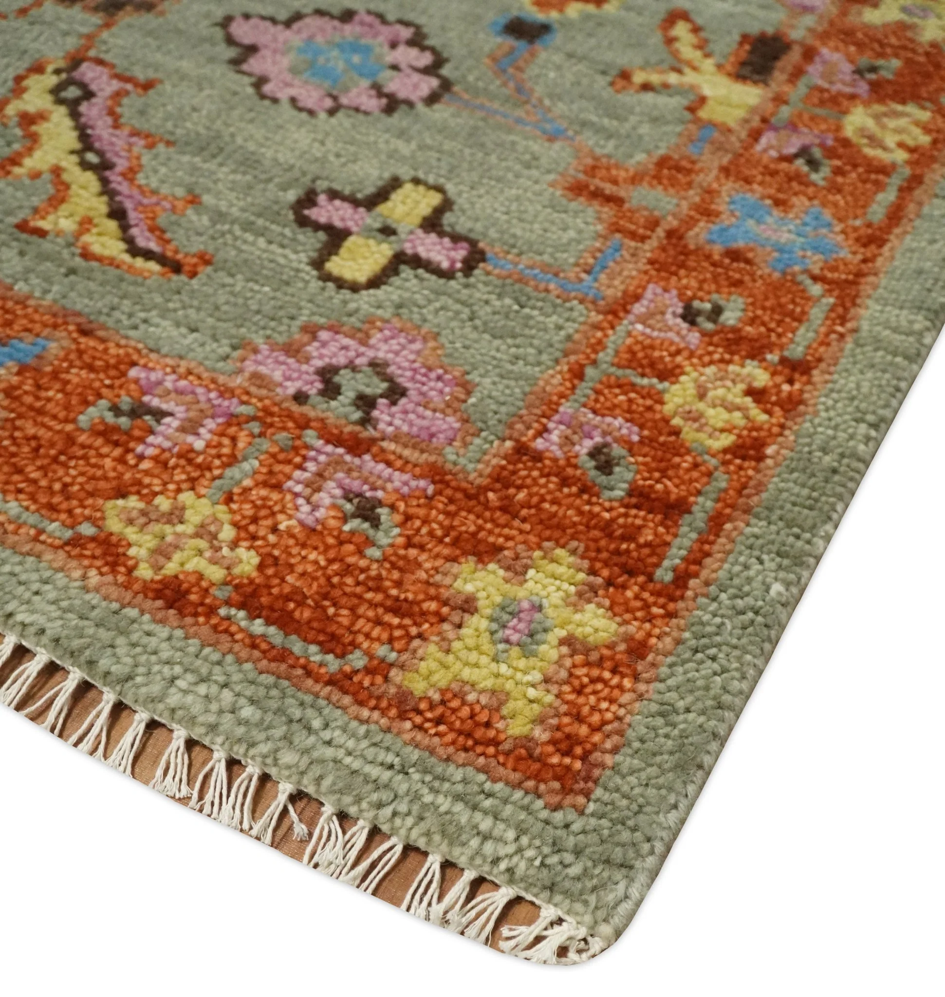 Vintage Style Beige, Rust, Pink and Blue Hand Knotted Traditional Oushak Multi Size wool Area Rug - Image 5