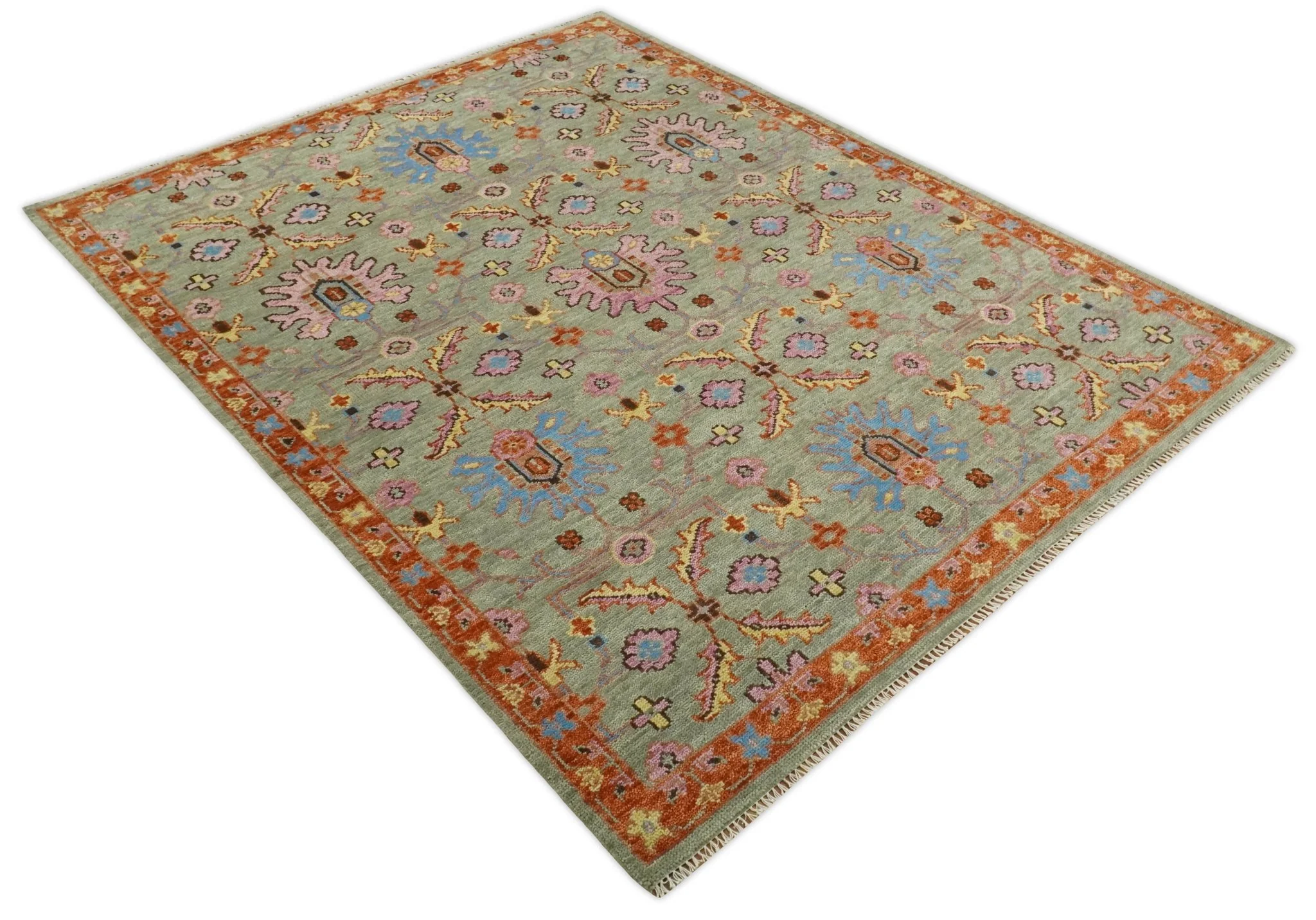 Vintage Style Beige, Rust, Pink and Blue Hand Knotted Traditional Oushak Multi Size wool Area Rug - Image 8