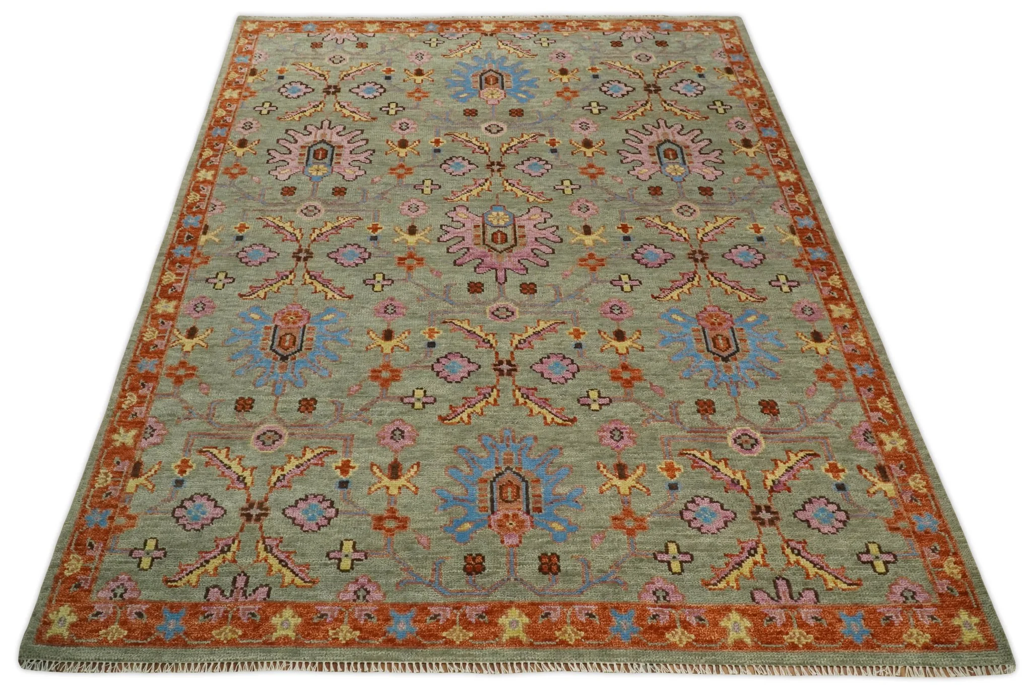 Vintage Style Beige, Rust, Pink and Blue Hand Knotted Traditional Oushak Multi Size wool Area Rug - Image 9