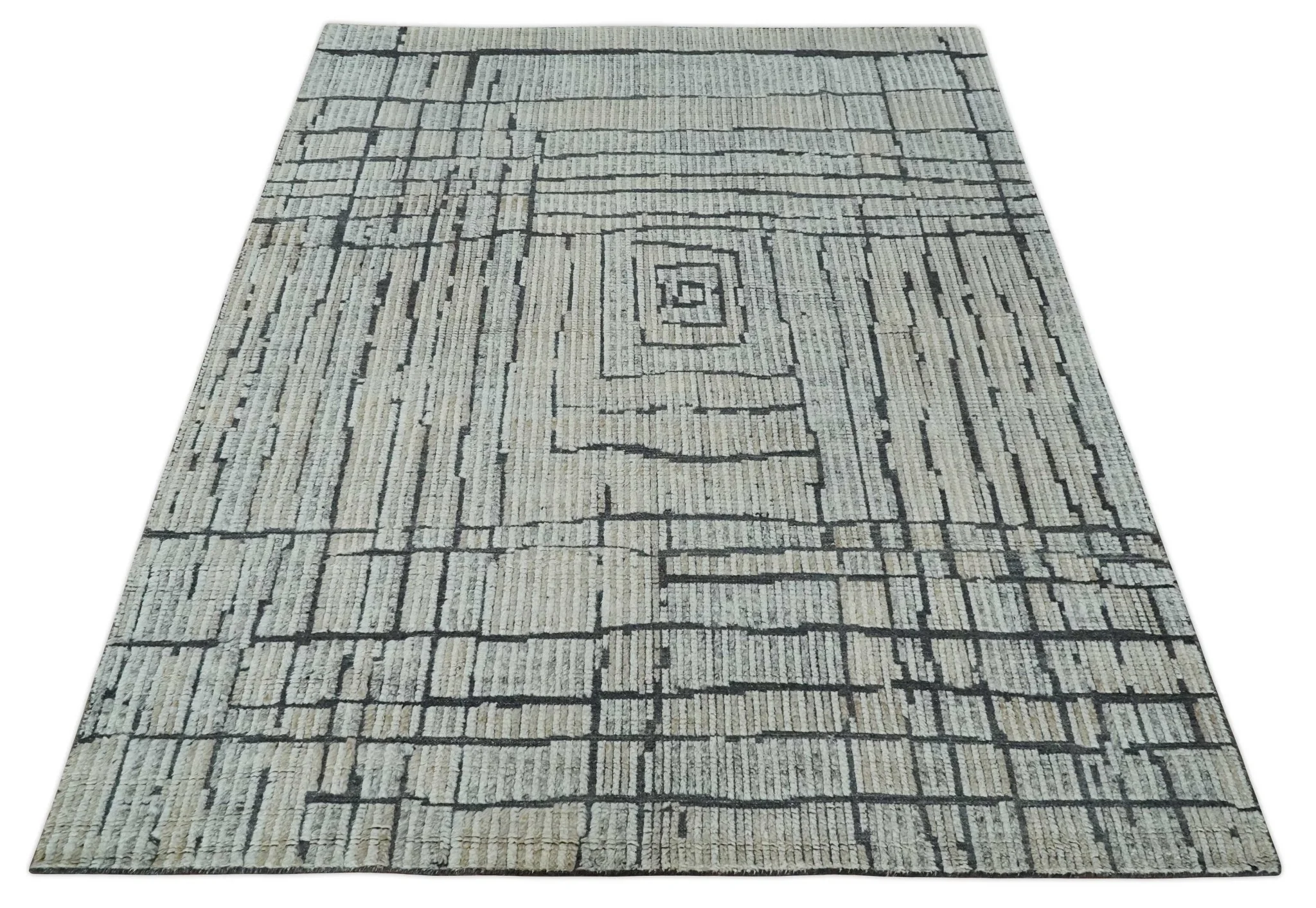 8x10 Contemporary Stripes pattern Beige, Silver and Charcoal Hand knotted wool Area Rug - Image 10