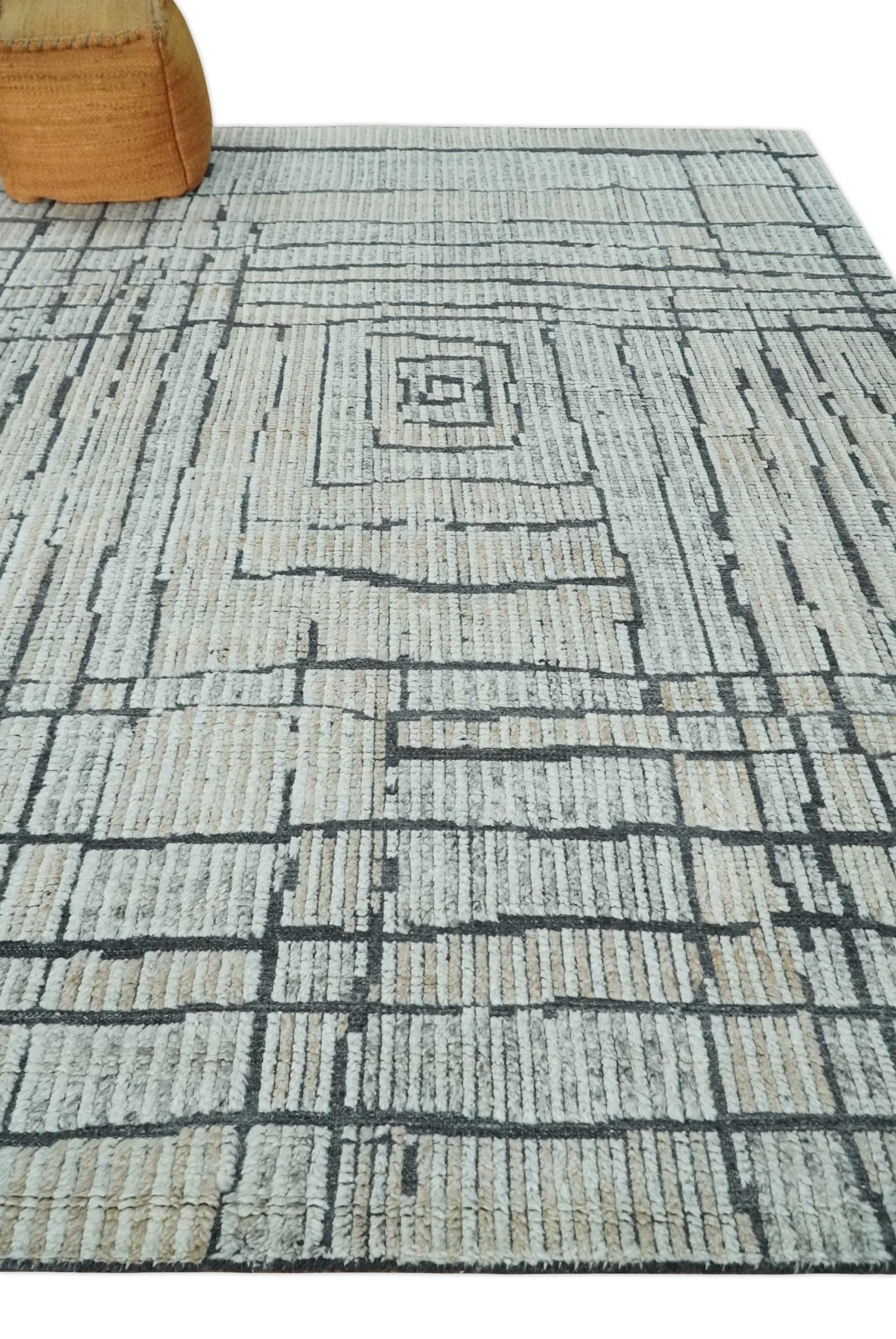 8x10 Contemporary Stripes pattern Beige, Silver and Charcoal Hand knotted wool Area Rug - Image 3