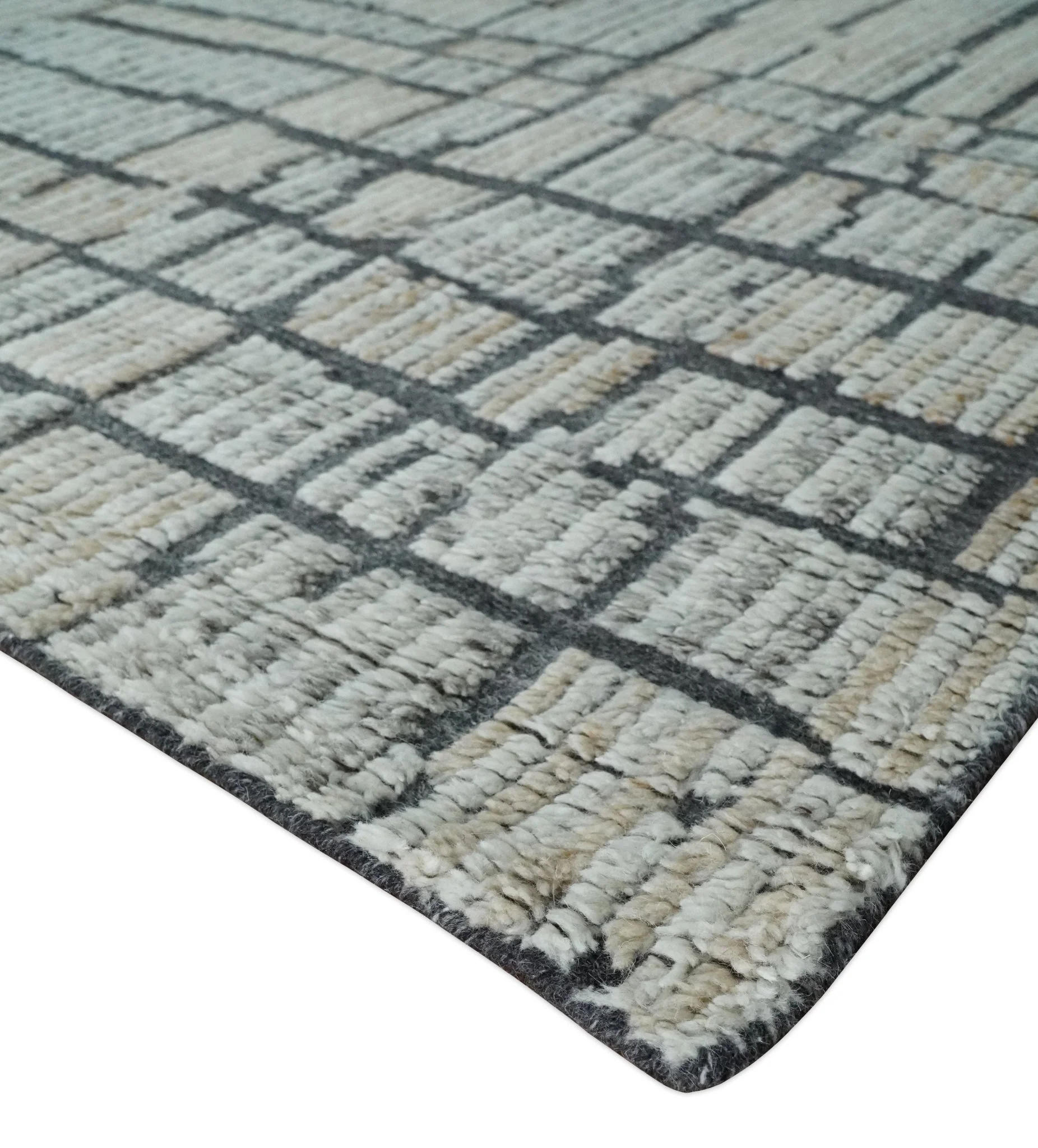 8x10 Contemporary Stripes pattern Beige, Silver and Charcoal Hand knotted wool Area Rug - Image 5