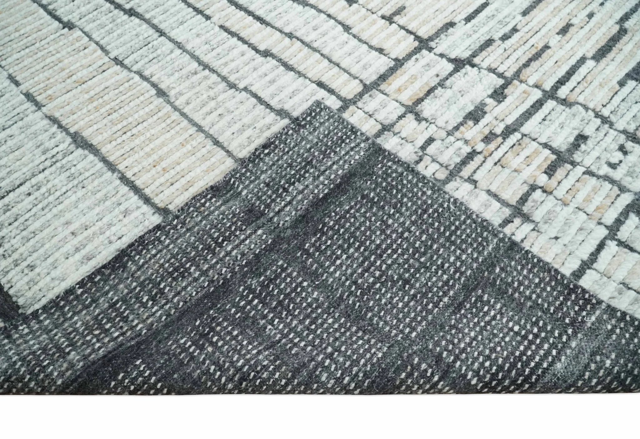 8x10 Contemporary Stripes pattern Beige, Silver and Charcoal Hand knotted wool Area Rug - Image 7
