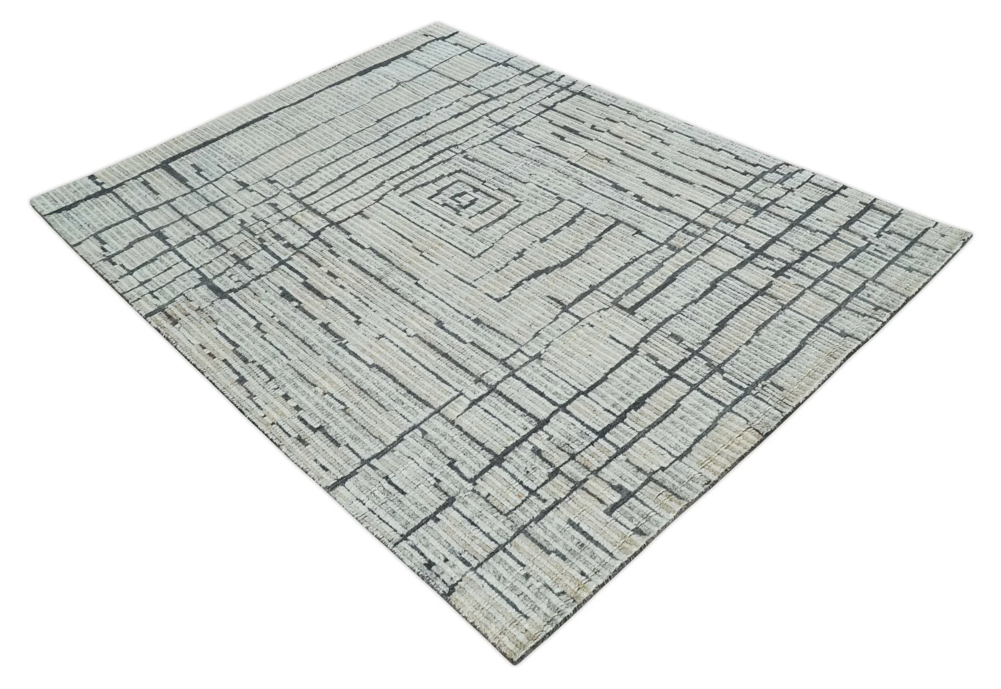 8x10 Contemporary Stripes pattern Beige, Silver and Charcoal Hand knotted wool Area Rug - Image 9