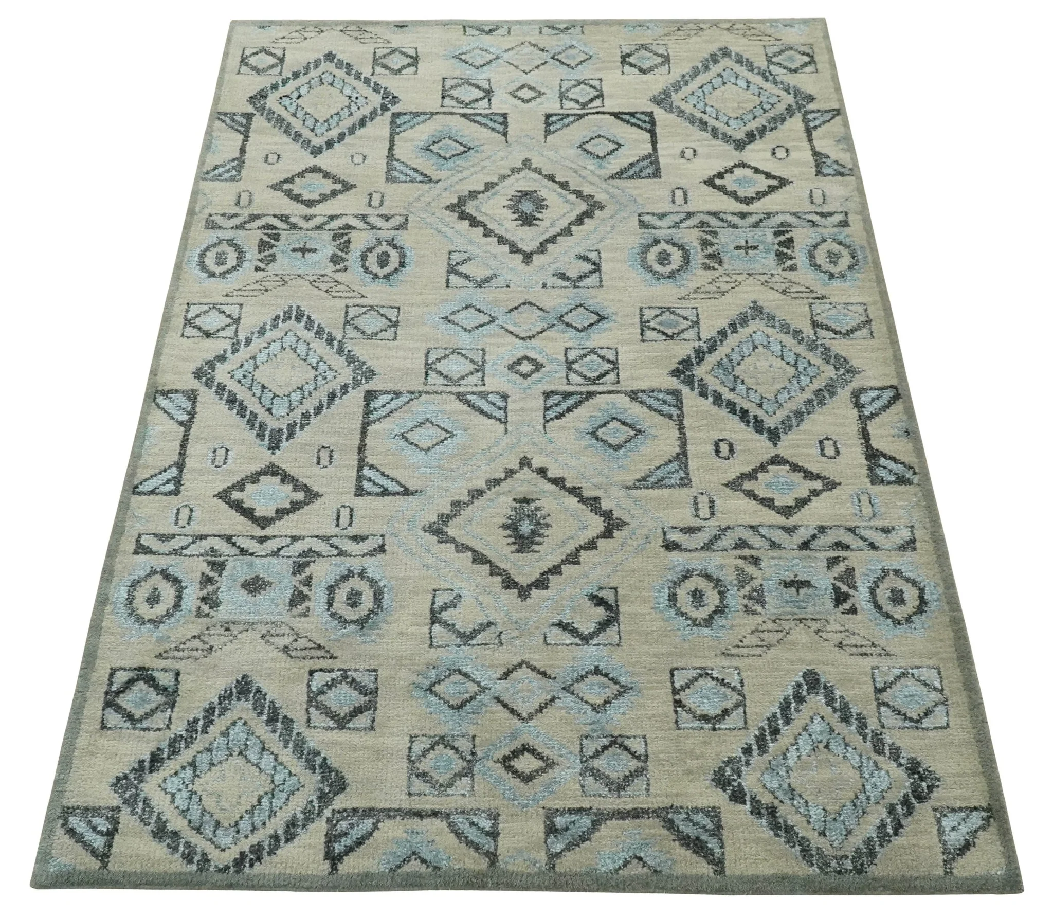 Beige, Silver and Charcoal Hand Knotted Traditional Mamluk design 5x8 wool Area Rug - Image 10