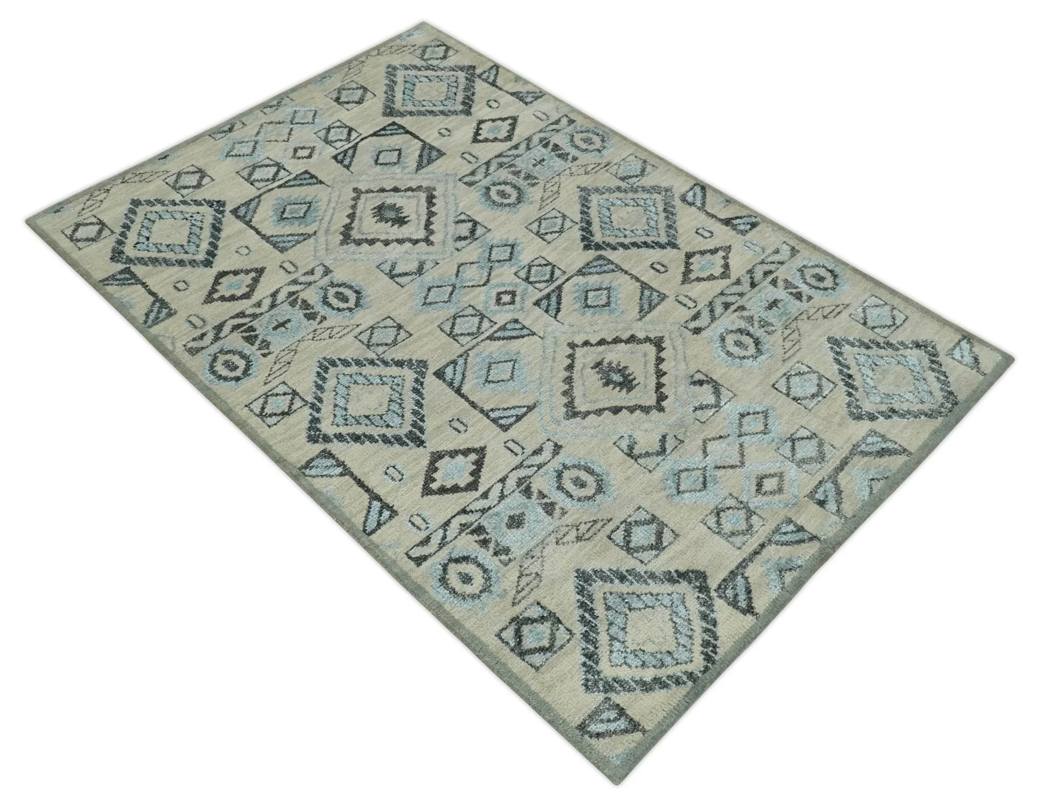 Beige, Silver and Charcoal Hand Knotted Traditional Mamluk design 5x8 wool Area Rug - Image 9