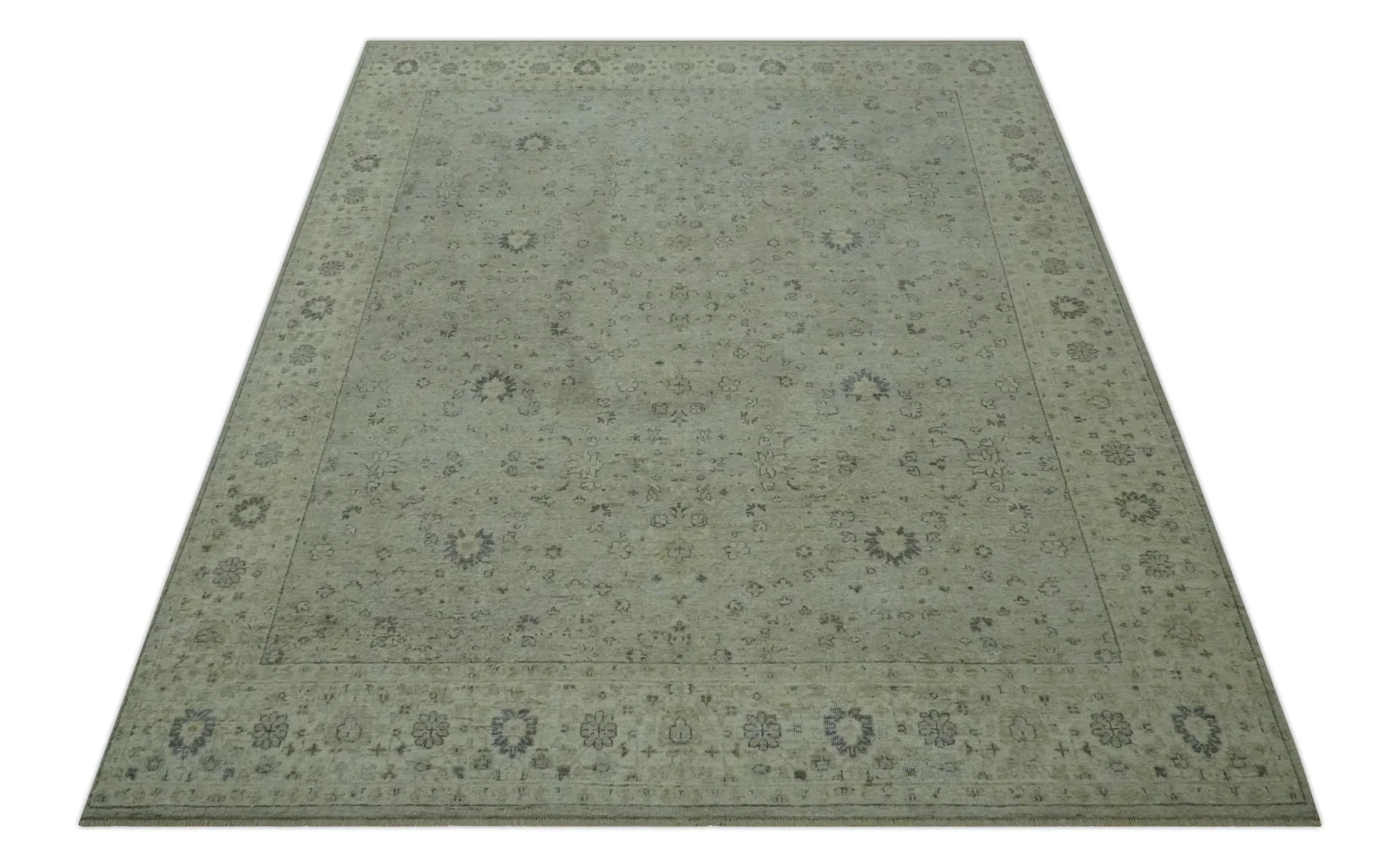 Custom Made Distress Finished Beige, Silver and Charcoal Traditional Wool Rug - Image 10