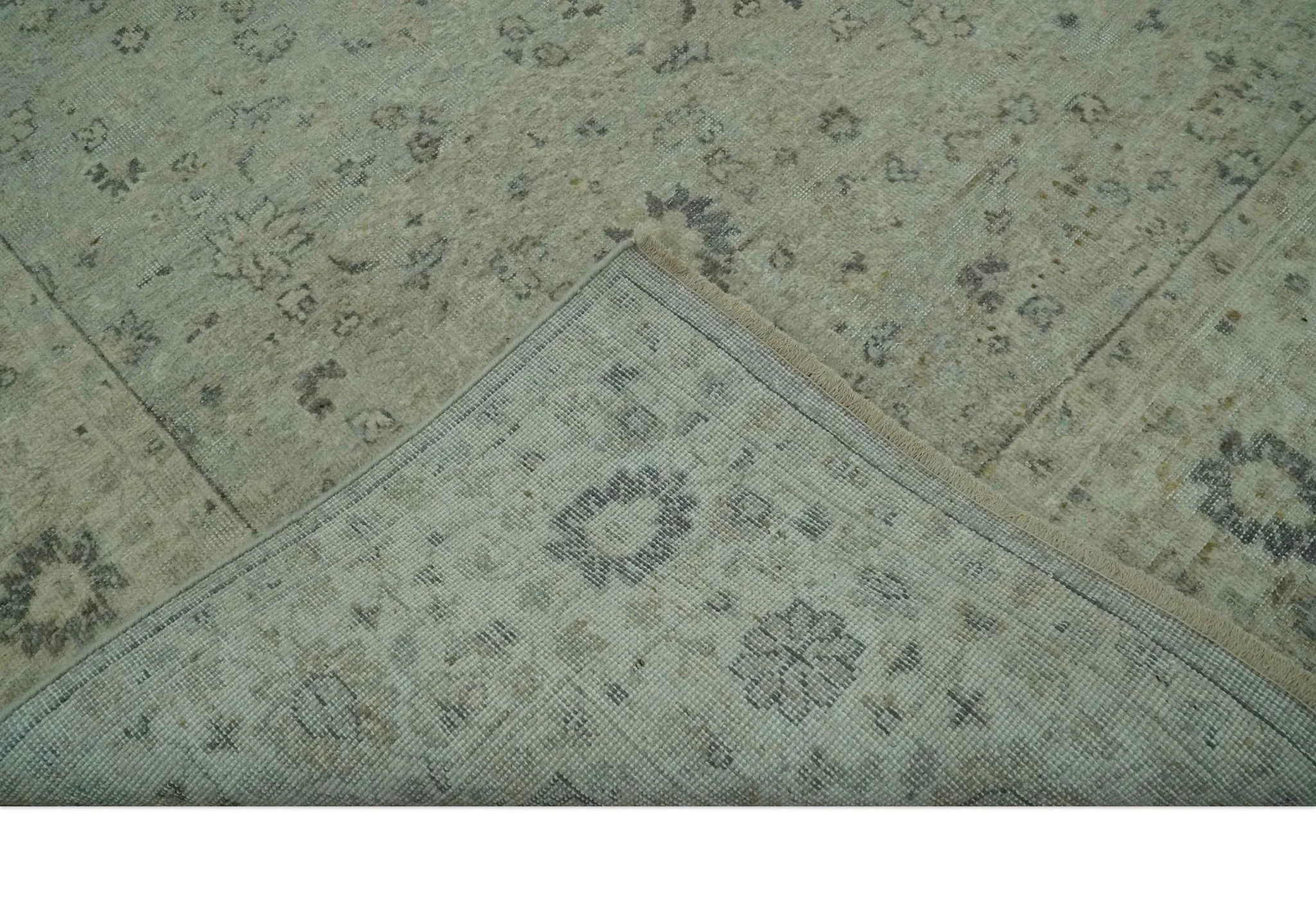 Custom Made Distress Finished Beige, Silver and Charcoal Traditional Wool Rug - Image 6