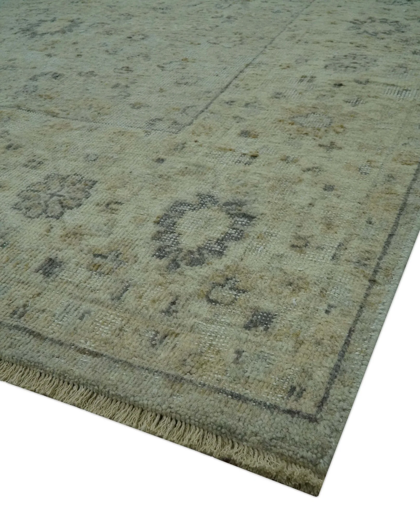 Distress Finished Beige, Silver and Charcoal 8x10 Traditional Wool Rug - Image 5