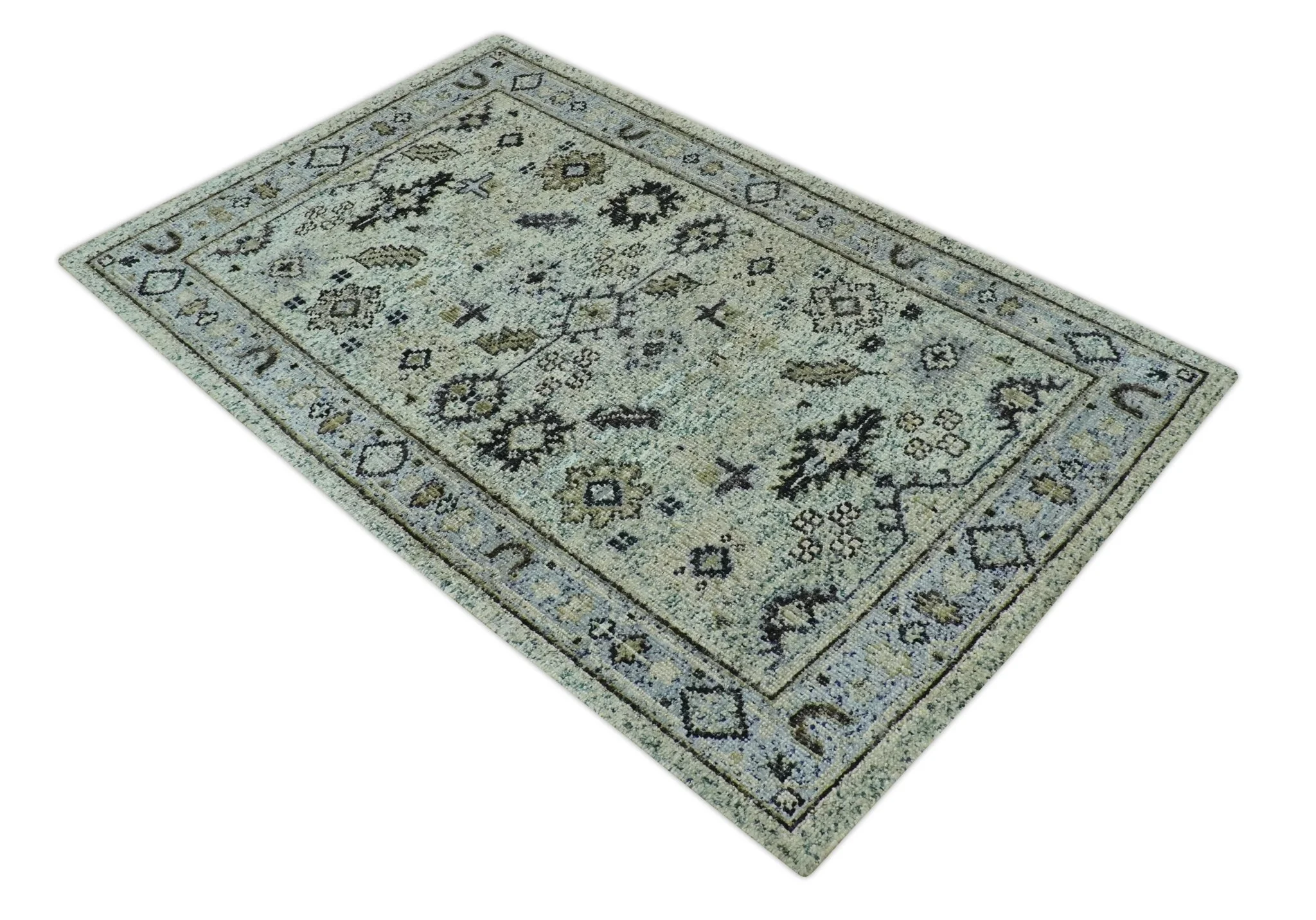 Beige, Teal and Black 5x8 Hand Knotted Traditional Art Silk area Rug - Image 10