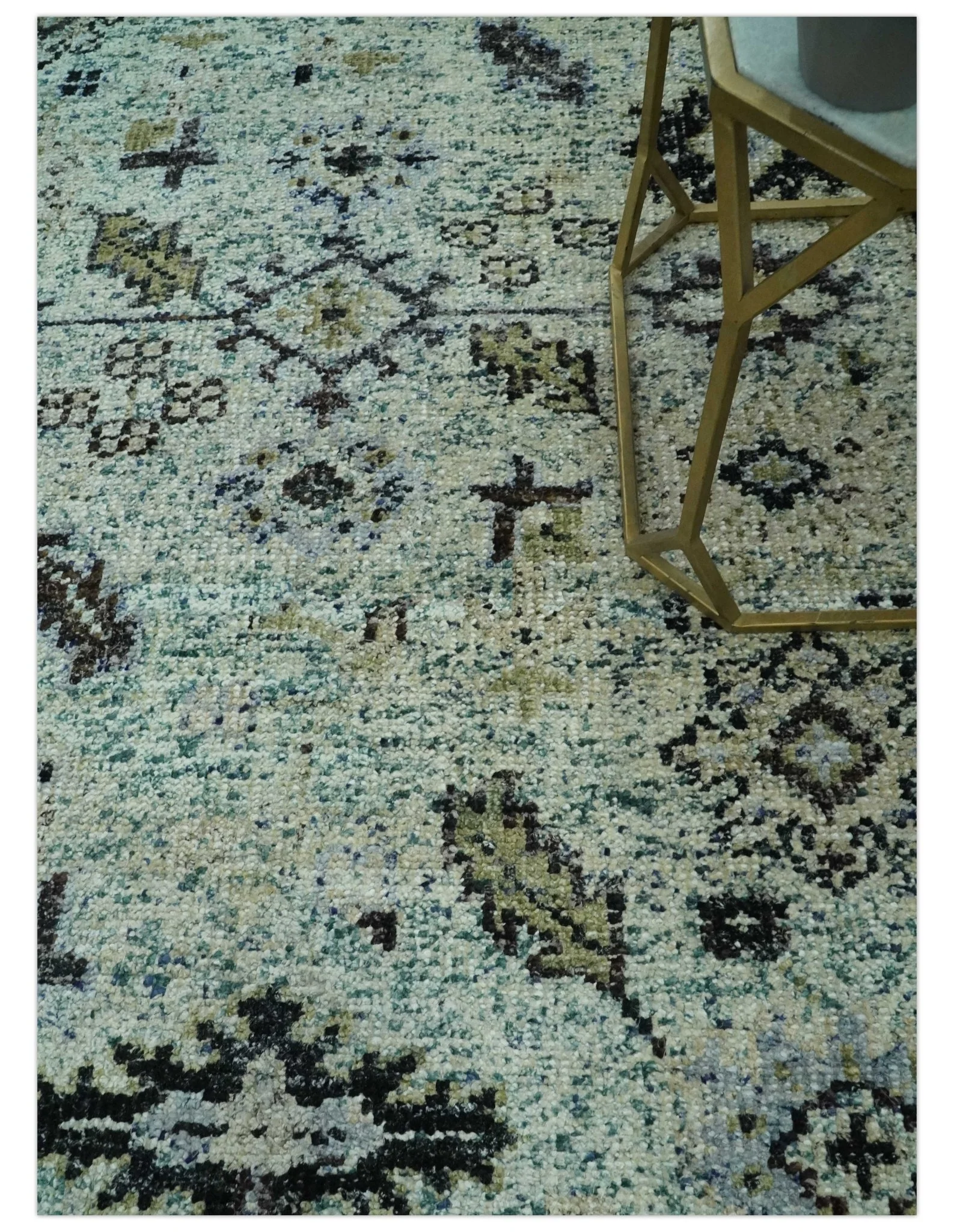 Beige, Teal and Black 5x8 Hand Knotted Traditional Art Silk area Rug - Image 2