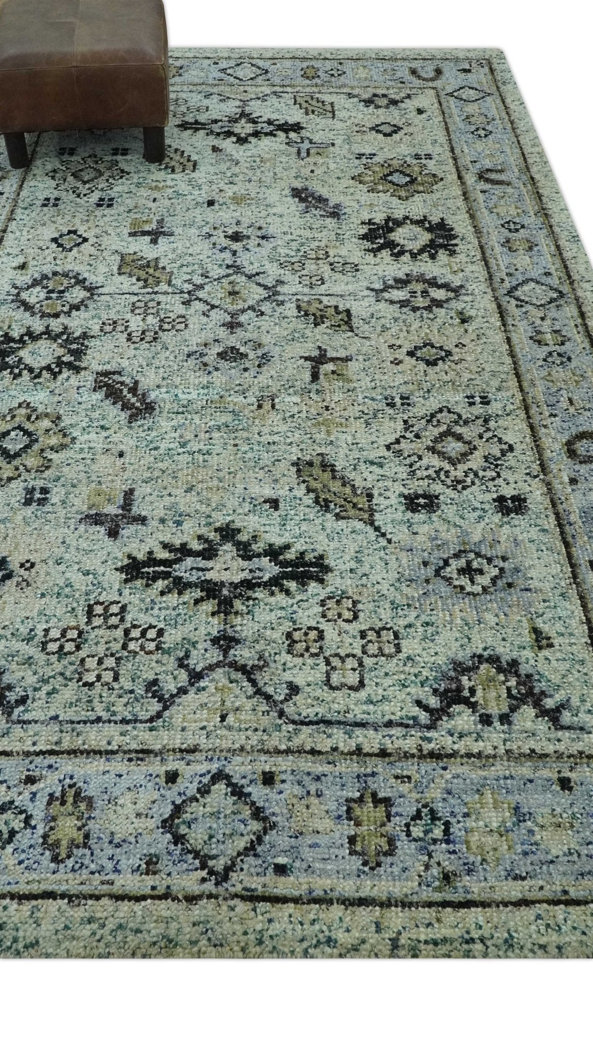 Beige, Teal and Black 5x8 Hand Knotted Traditional Art Silk area Rug - Image 3