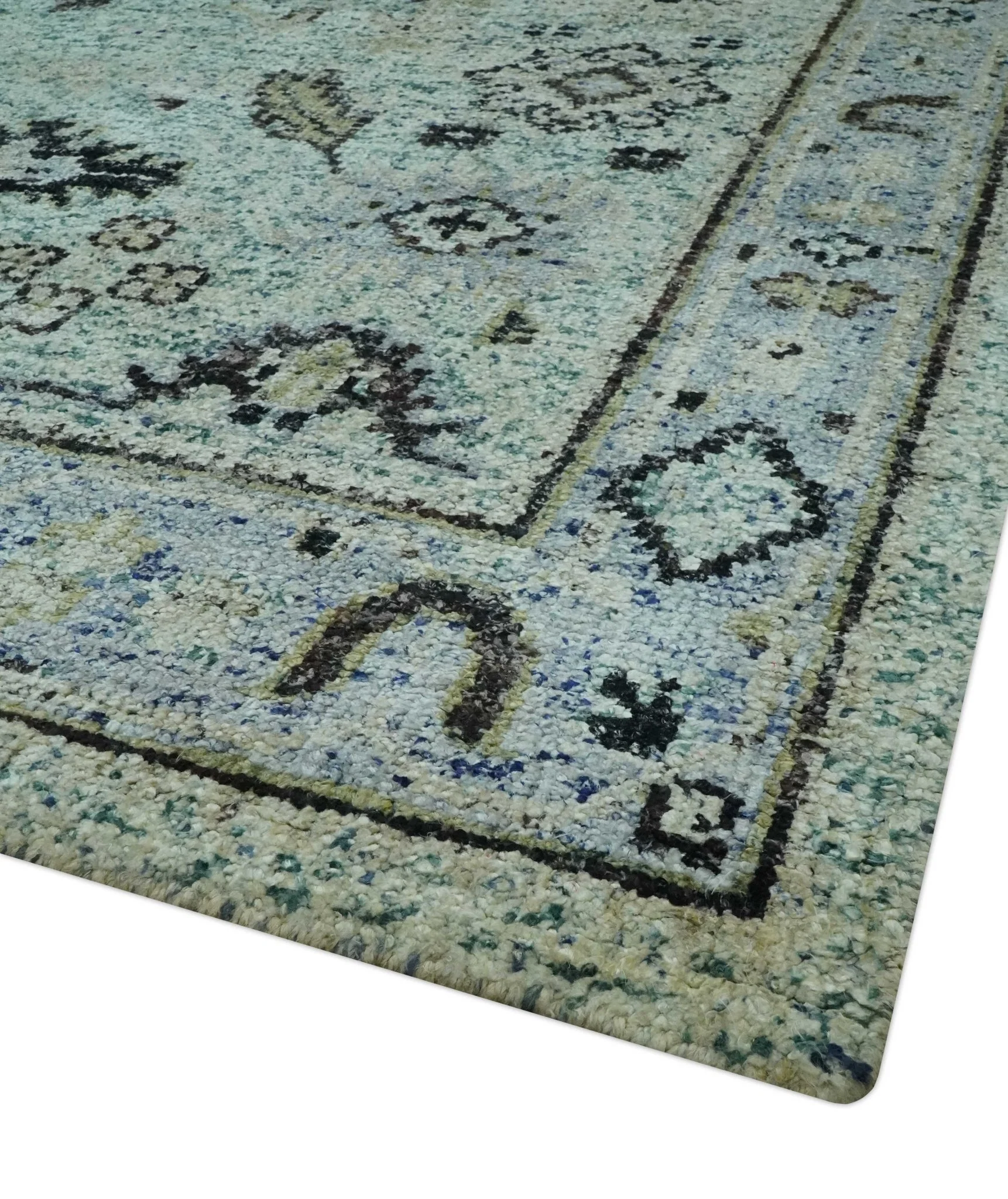Beige, Teal and Black 5x8 Hand Knotted Traditional Art Silk area Rug - Image 5