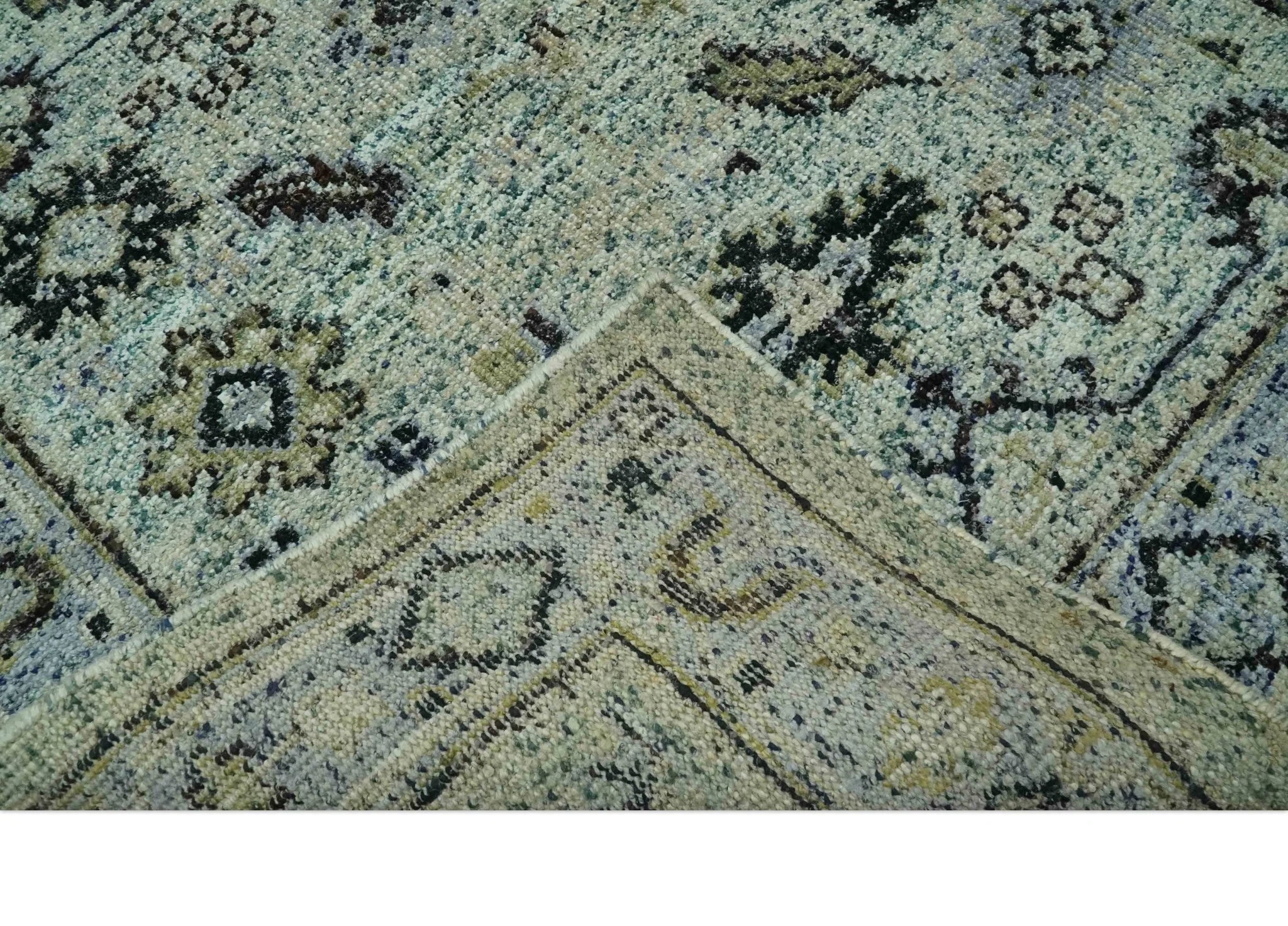 Beige, Teal and Black 5x8 Hand Knotted Traditional Art Silk area Rug - Image 7