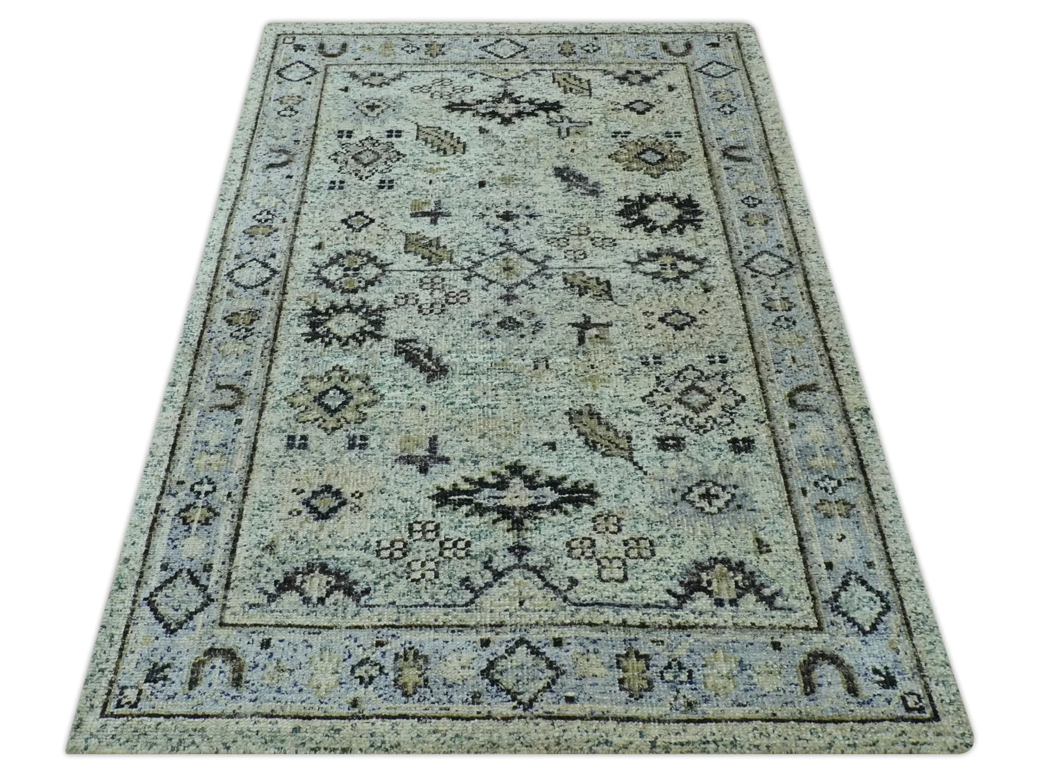 Beige, Teal and Black 5x8 Hand Knotted Traditional Art Silk area Rug - Image 9