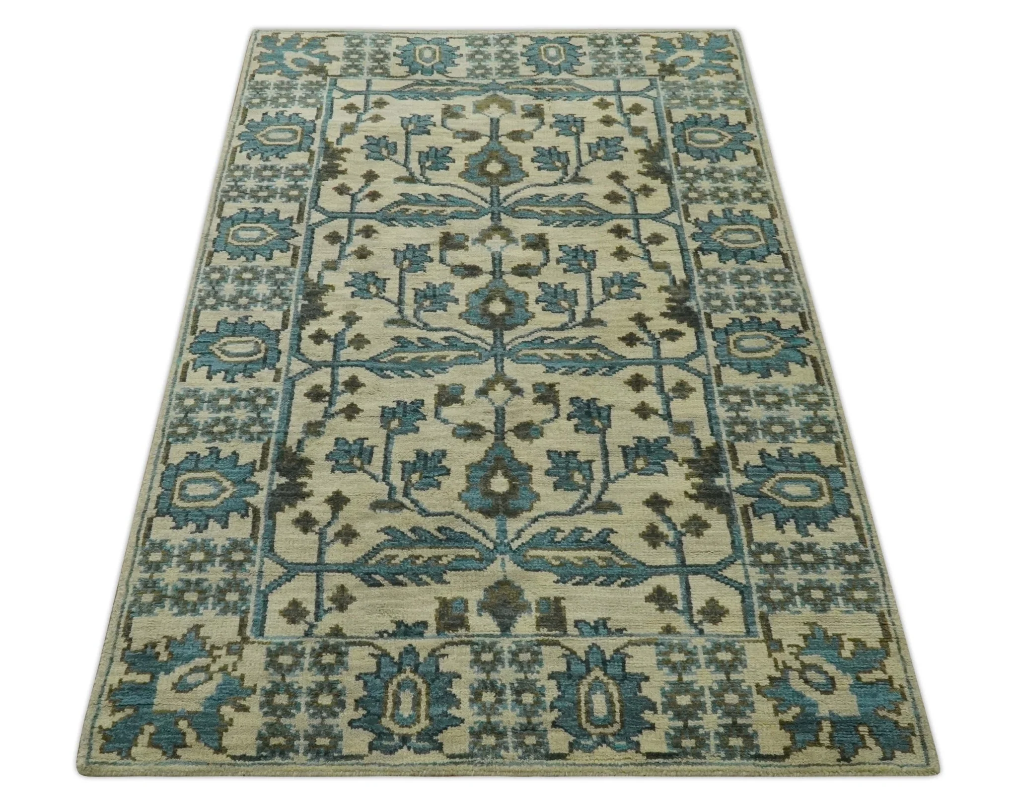 Beige, Teal and Charcoal Traditional Large Design Hand Knotted 5x8 wool Rug - Image 10