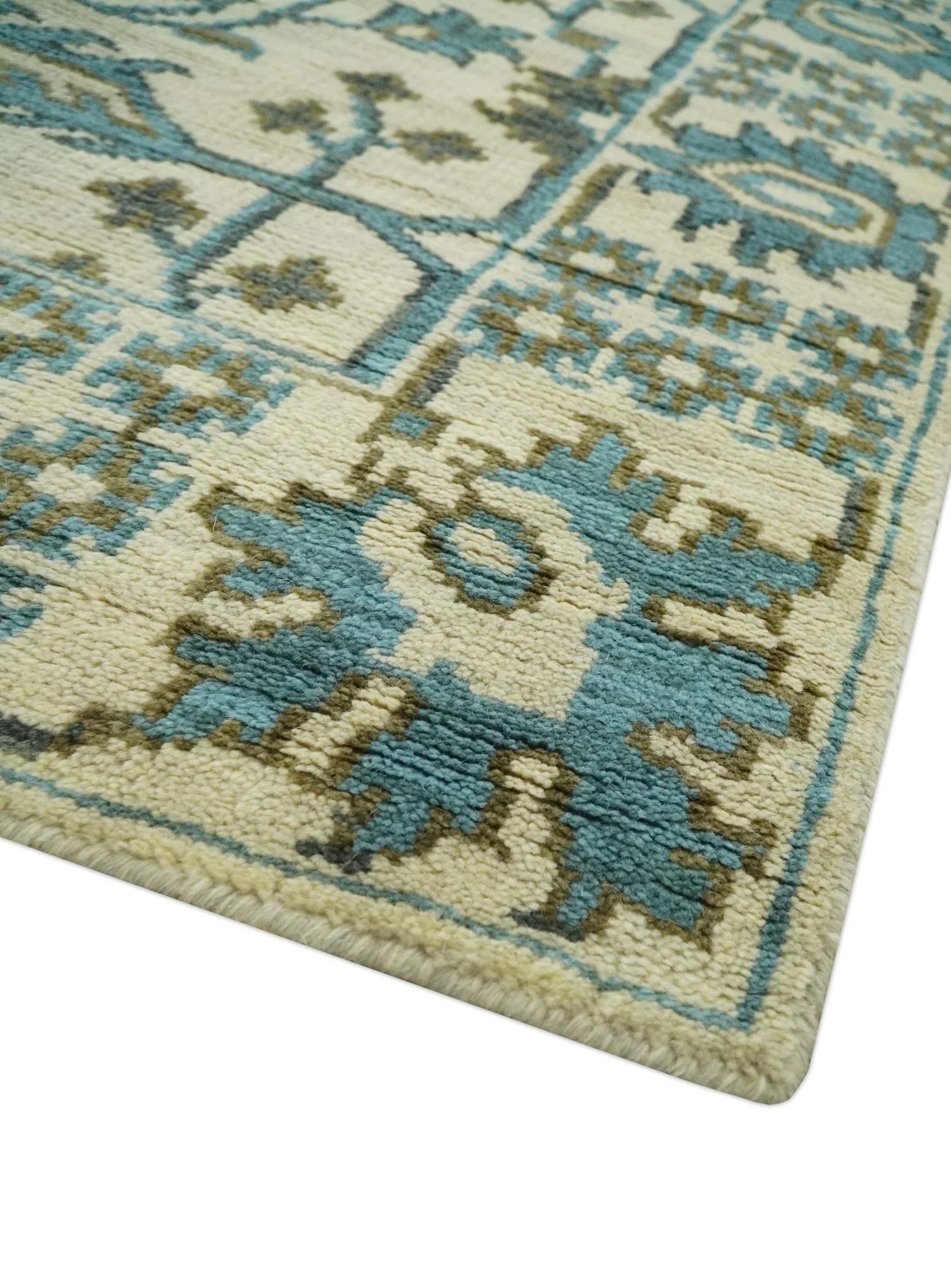 Beige, Teal and Charcoal Traditional Large Design Hand Knotted 5x8 wool Rug - Image 5