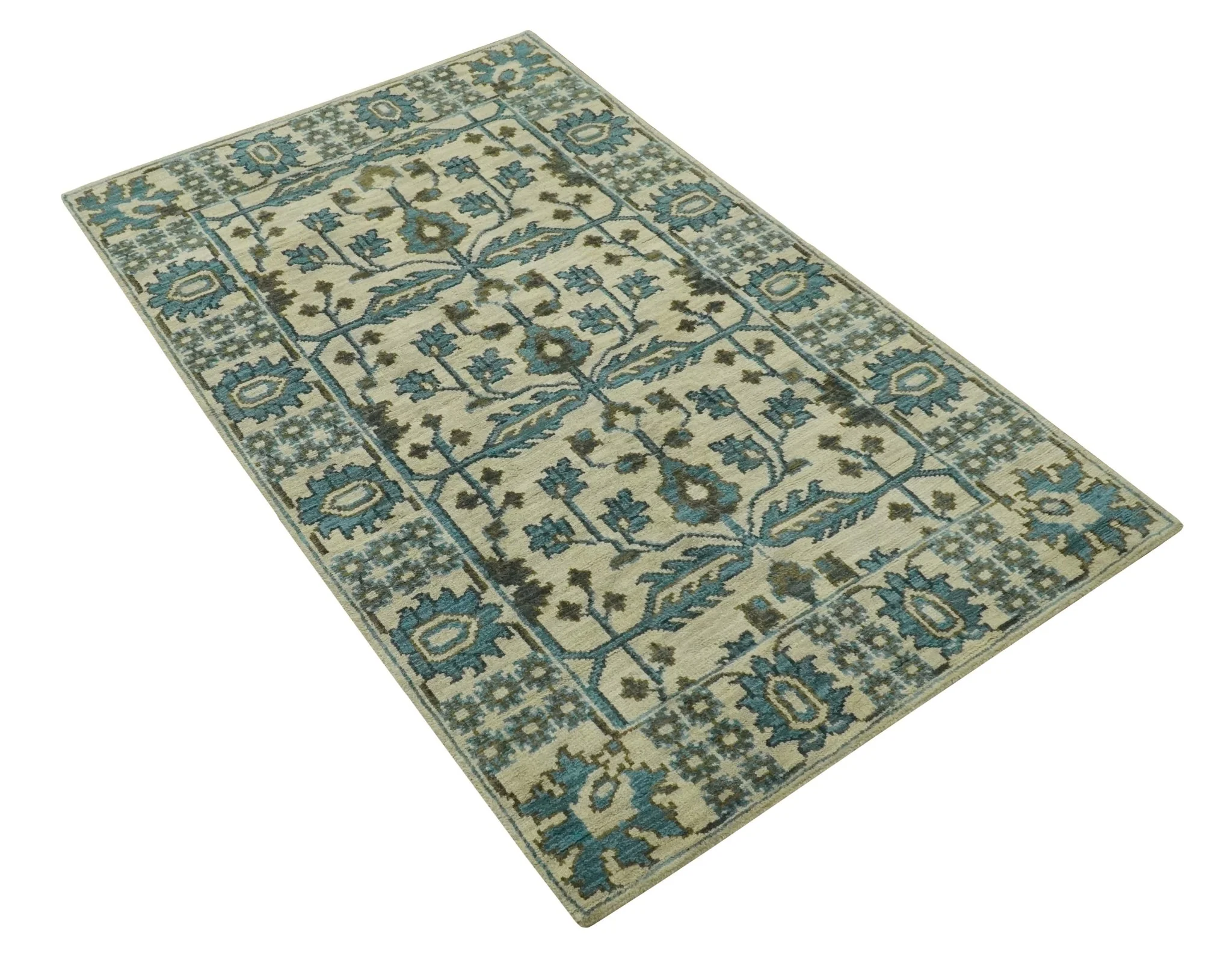 Beige, Teal and Charcoal Traditional Large Design Hand Knotted 5x8 wool Rug - Image 9