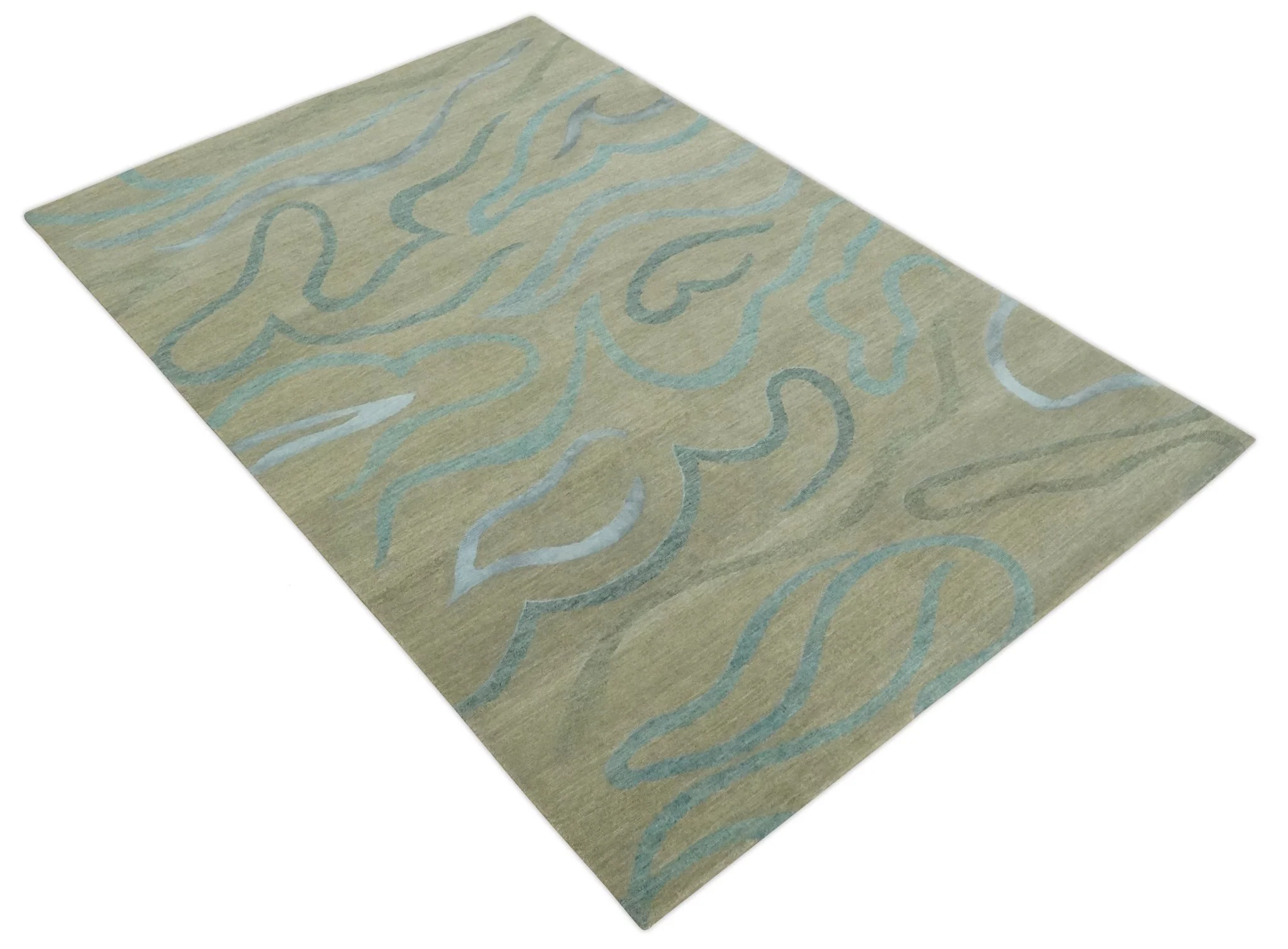 Beige, Teal and Silver Modern design Hand knotted 6x9 wool and Art Silk Area Rug - Image 10