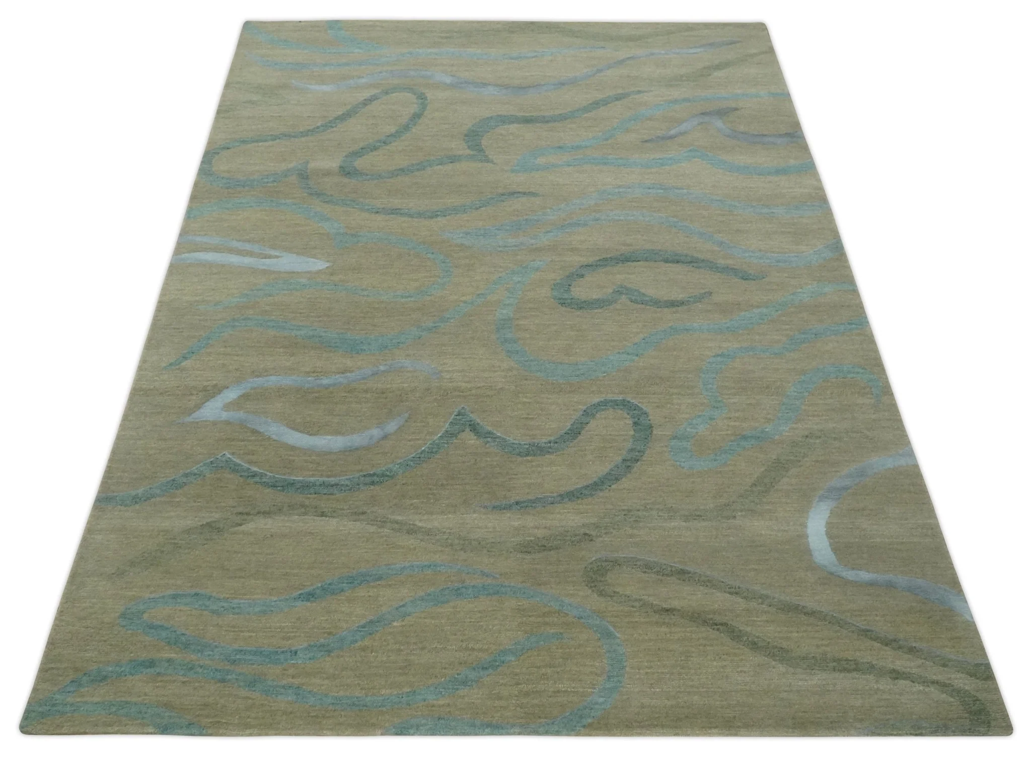 Beige, Teal and Silver Modern design Hand knotted 6x9 wool and Art Silk Area Rug - Image 11