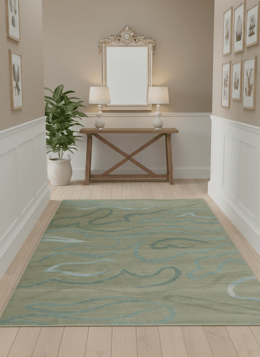 Beige, Teal and Silver Modern design Hand knotted 6x9 wool and Art Silk Area Rug - Image 2