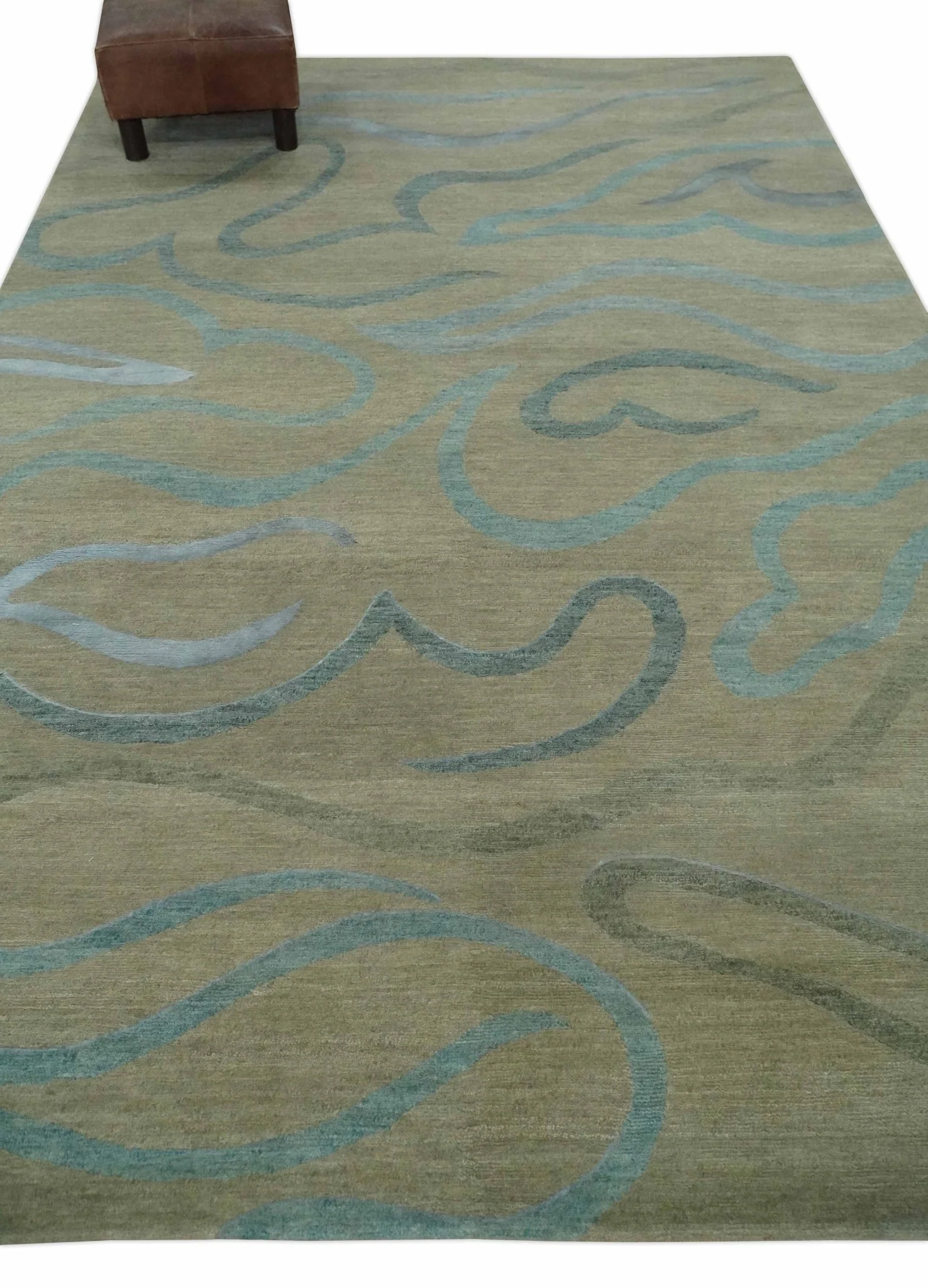 Beige, Teal and Silver Modern design Hand knotted 6x9 wool and Art Silk Area Rug - Image 4