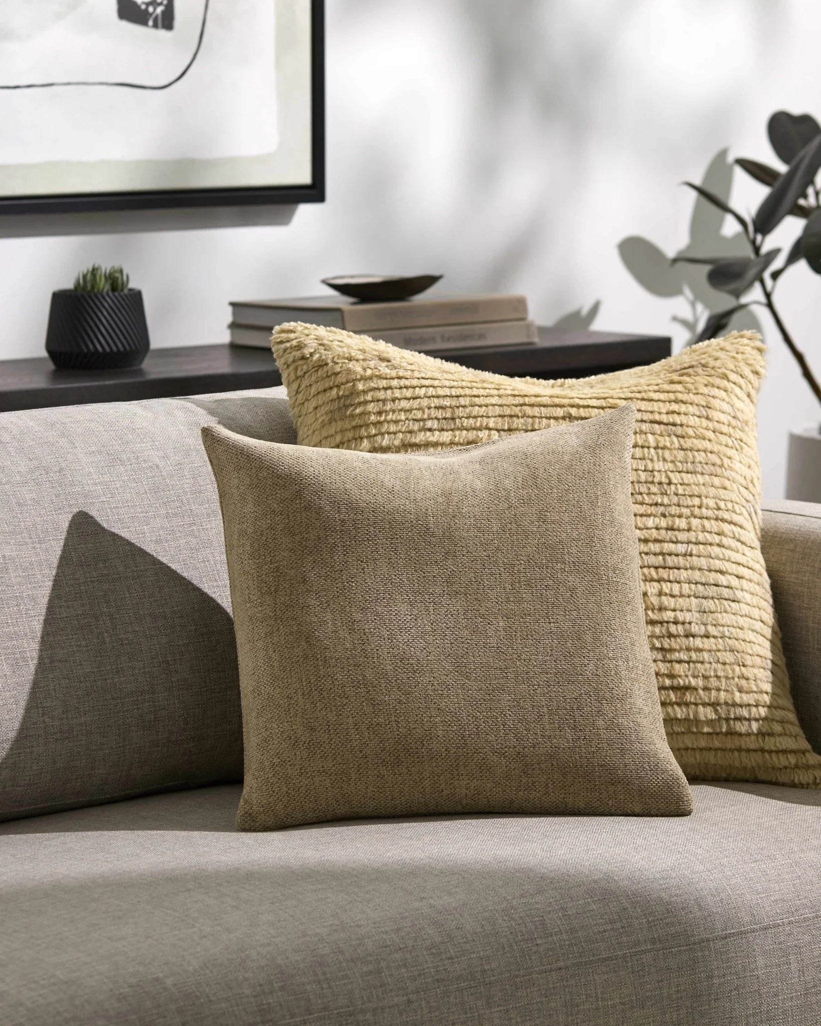 Natural Linen look Beige Textured Contemporary Square Throw Pillow - Image 5
