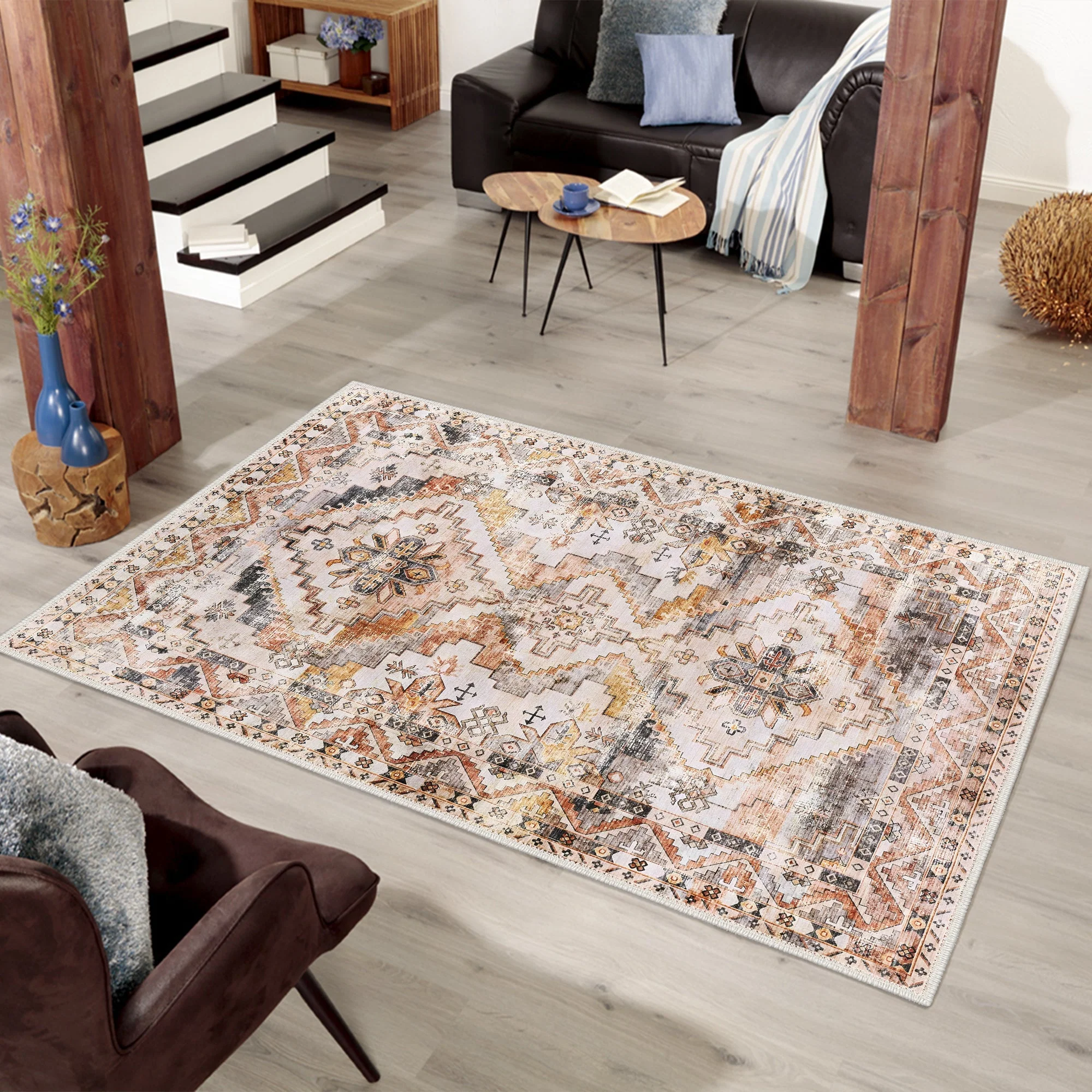 Beige Traditional Style Machine Washable Cotton Area Rug - Image 4
