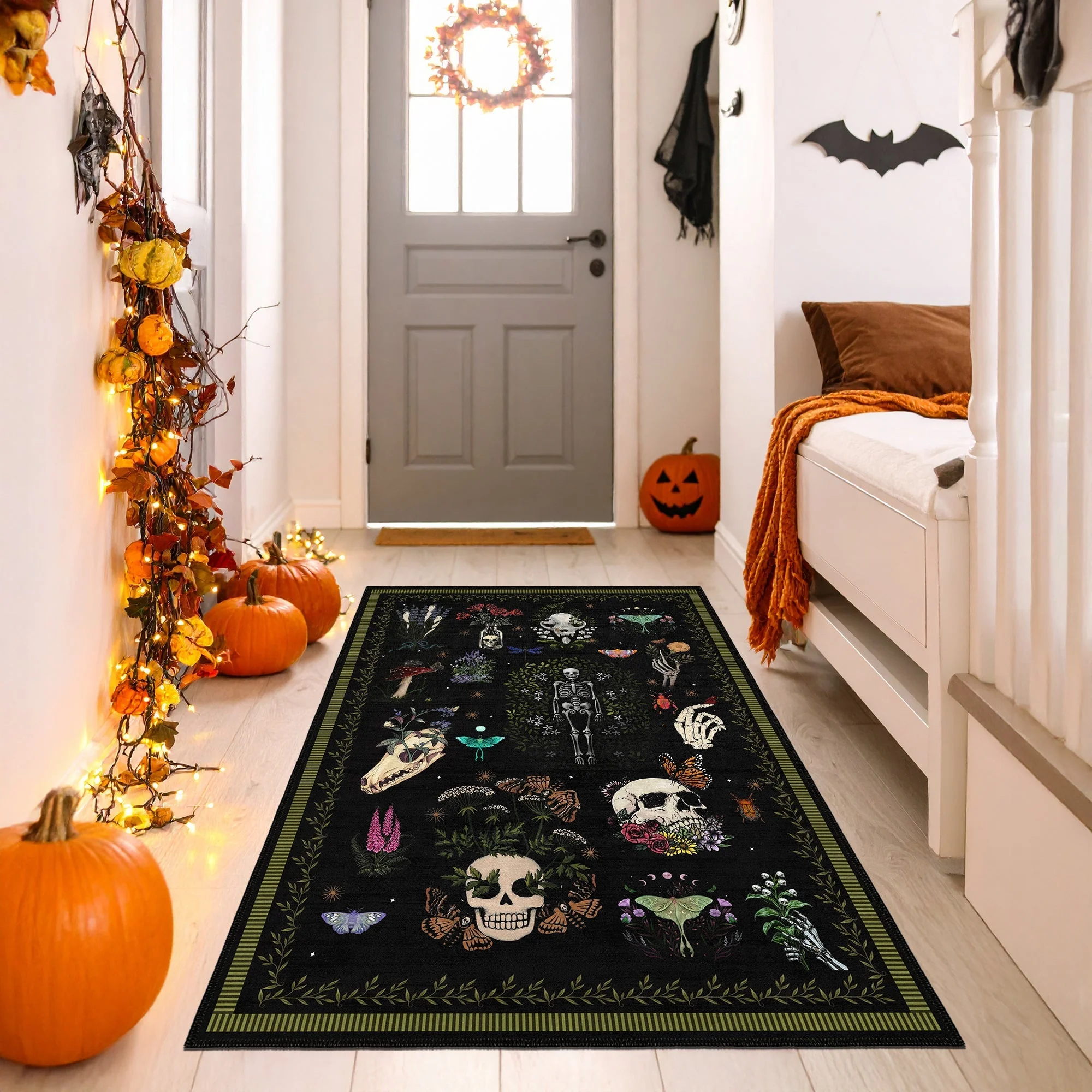 Black And Green Machine Washable Day of Dead Cotton Rug - Image 4
