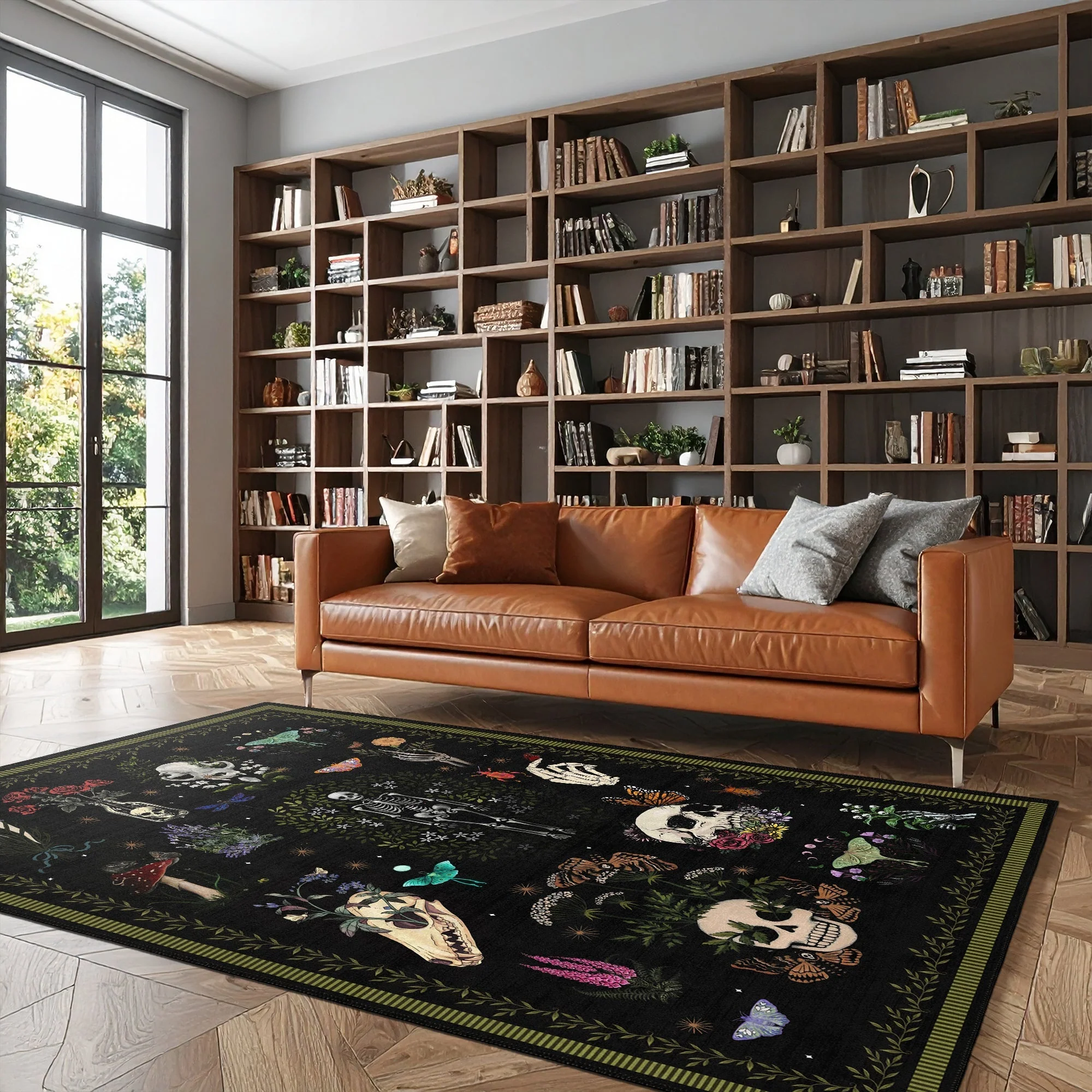 Black And Green Machine Washable Day of Dead Cotton Rug - Image 5
