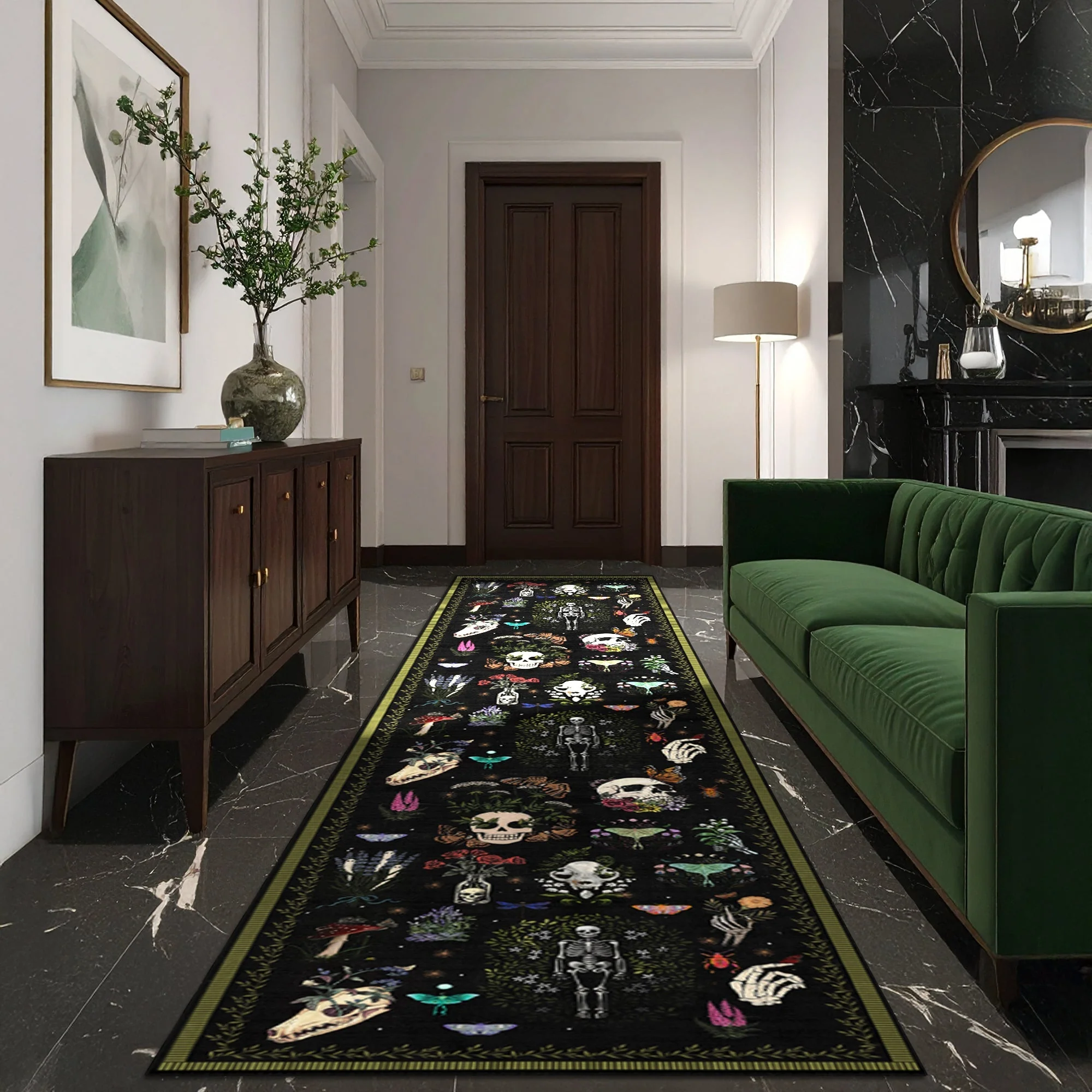 Black And Green Machine Washable Day of Dead Cotton Rug - Image 6