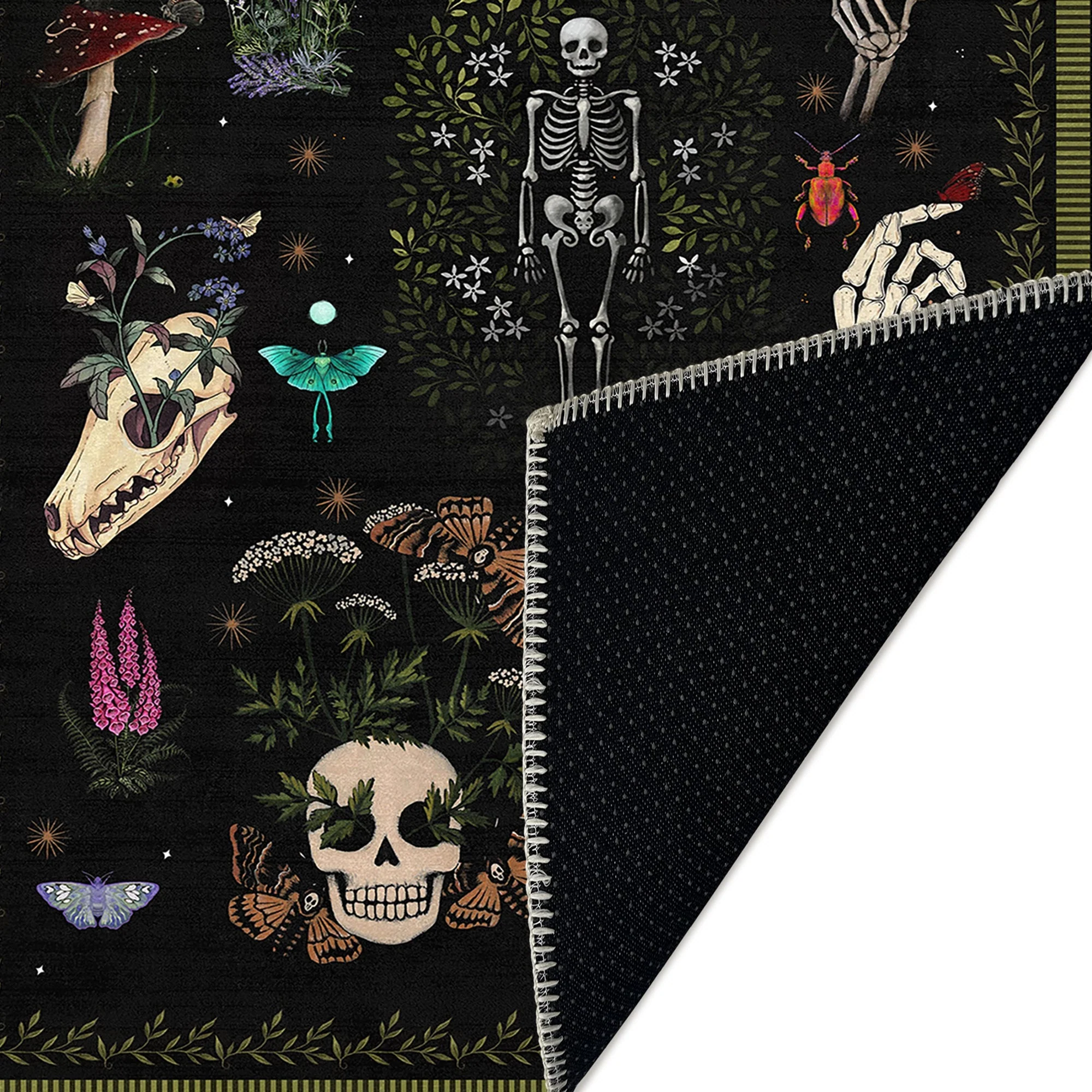 Black And Green Machine Washable Day of Dead Cotton Rug - Image 7