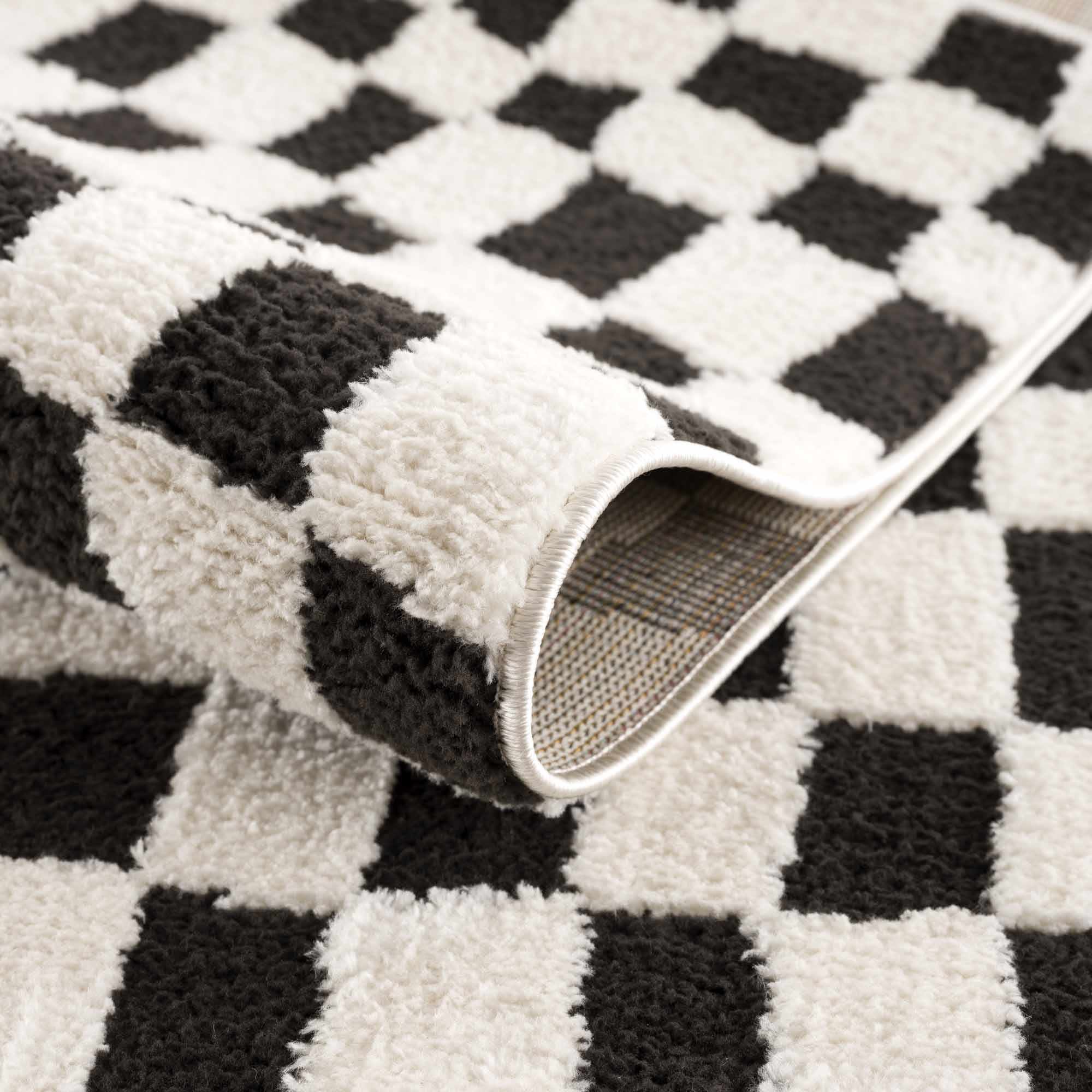 Modern Geometrical Black and Ivory Checkered Plush Pile Moroccan Style Area Rug - Image 10