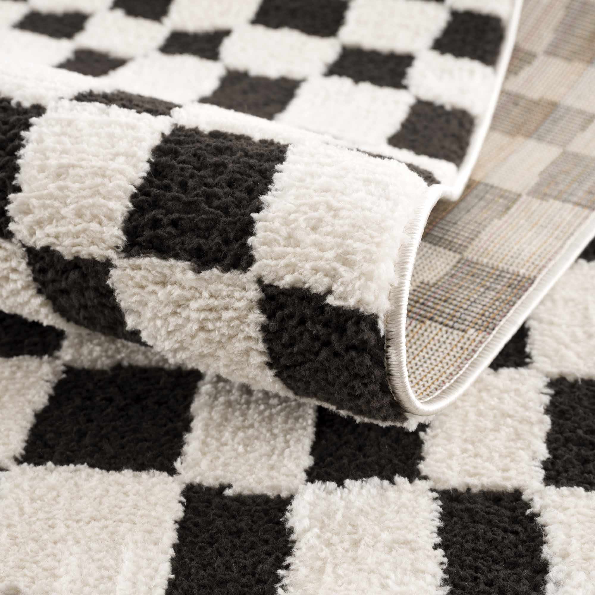 Modern Geometrical Black and Ivory Checkered Plush Pile Moroccan Style Area Rug - Image 11