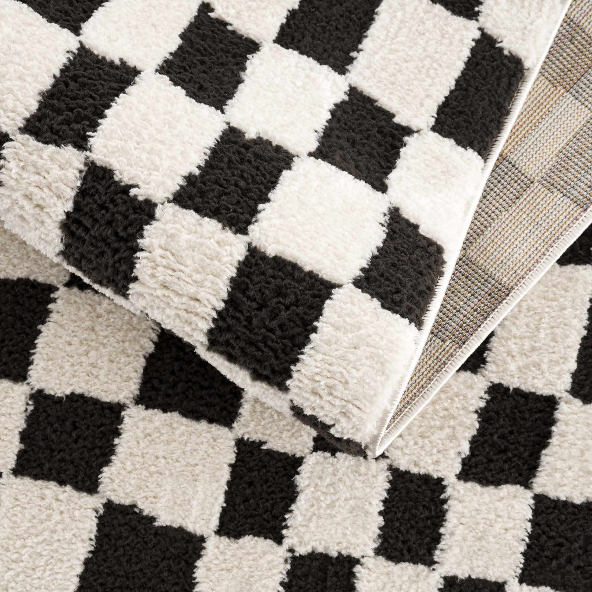 Modern Geometrical Black and Ivory Checkered Plush Pile Moroccan Style Area Rug - Image 12