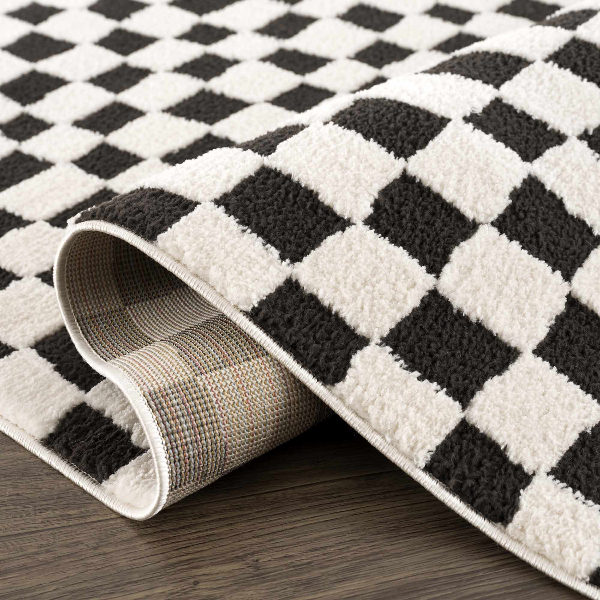 Modern Geometrical Black and Ivory Checkered Plush Pile Moroccan Style Area Rug - Image 13