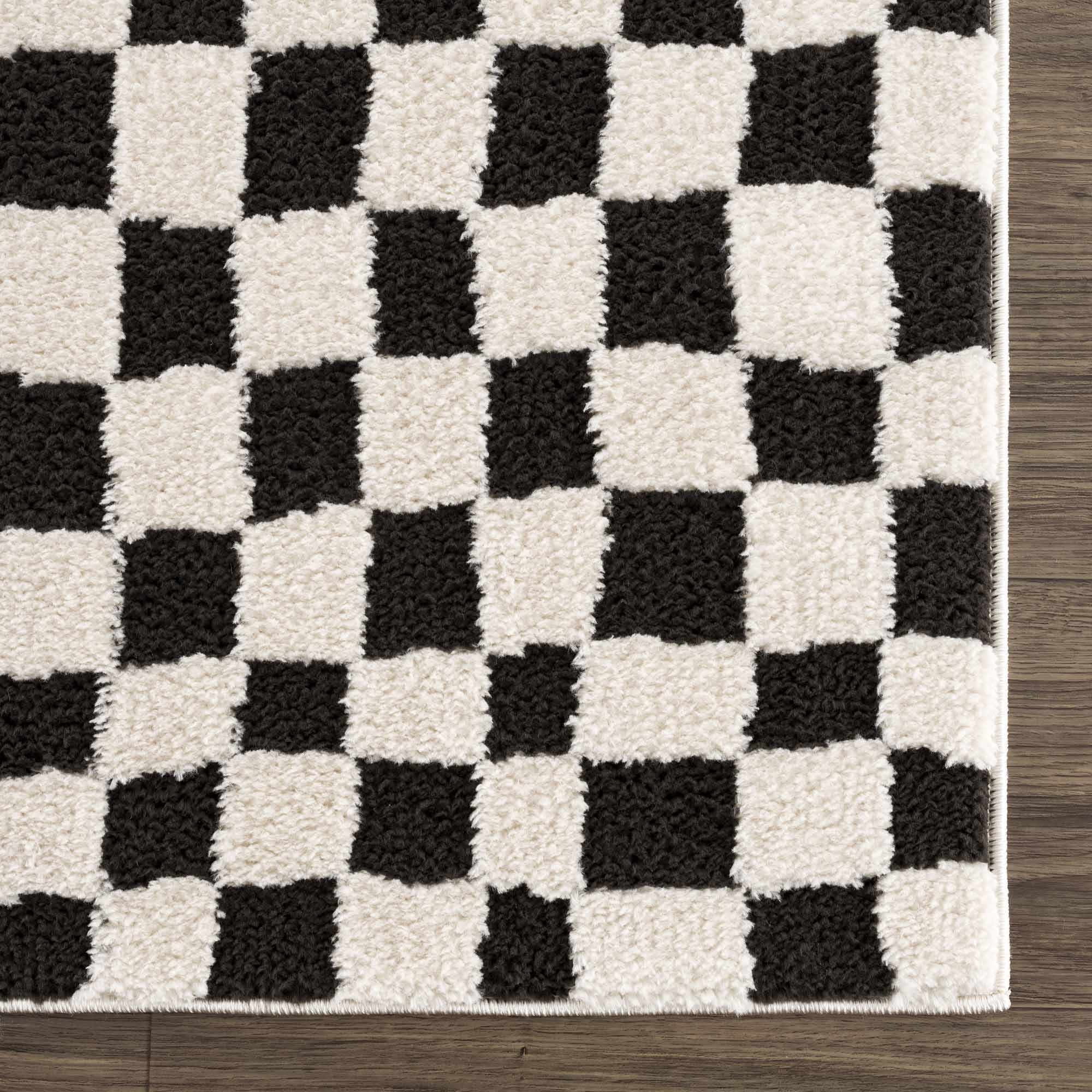 Modern Geometrical Black and Ivory Checkered Plush Pile Moroccan Style Area Rug - Image 14