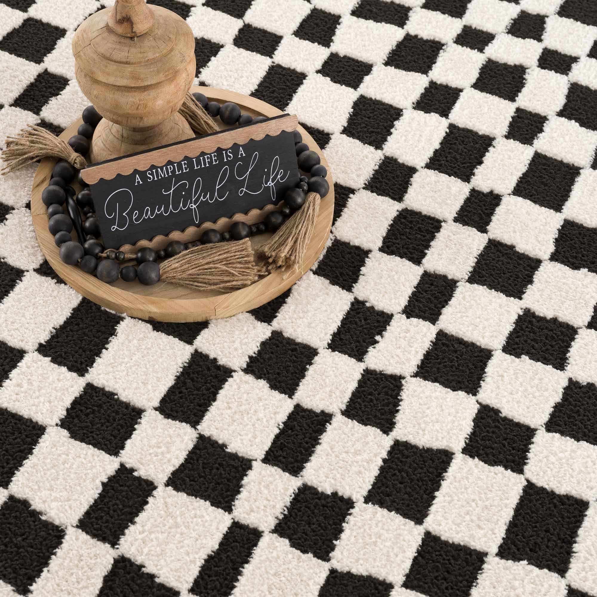 Modern Geometrical Black and Ivory Checkered Plush Pile Moroccan Style Area Rug - Image 17