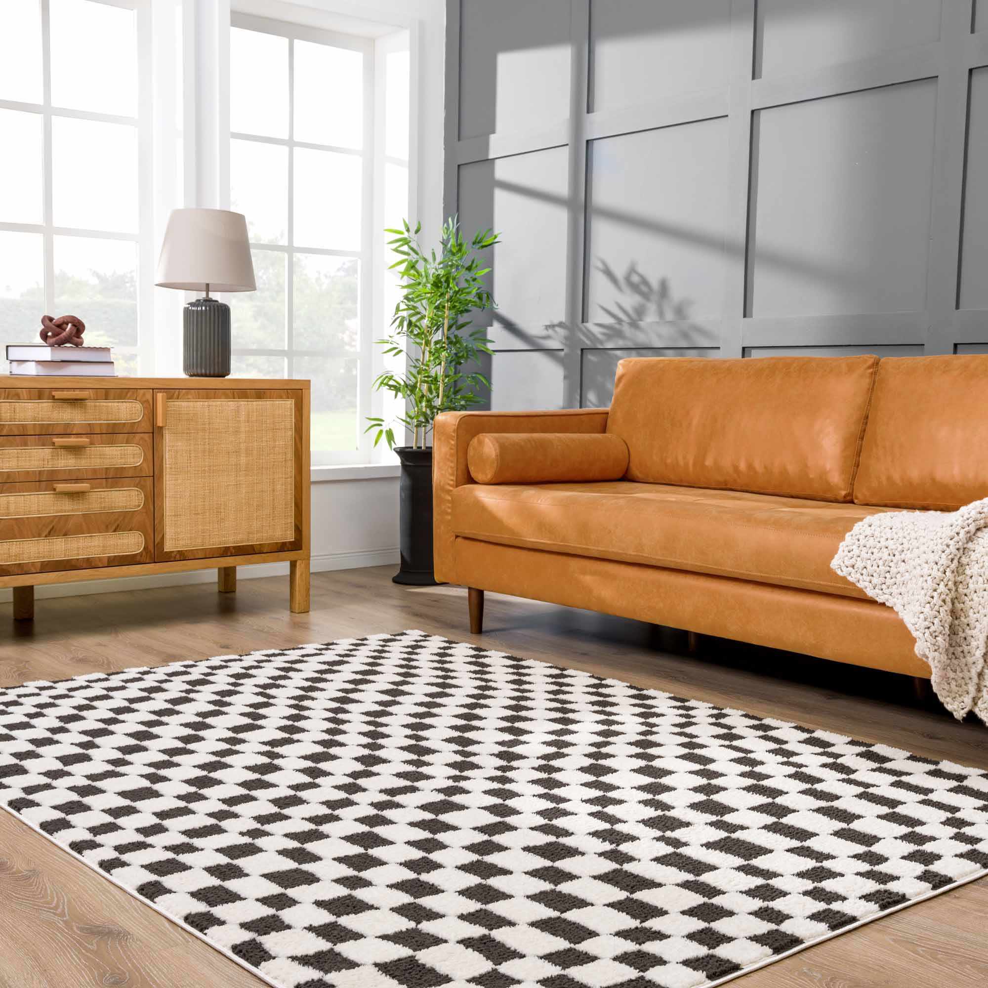 Modern Geometrical Black and Ivory Checkered Plush Pile Moroccan Style Area Rug - Image 19