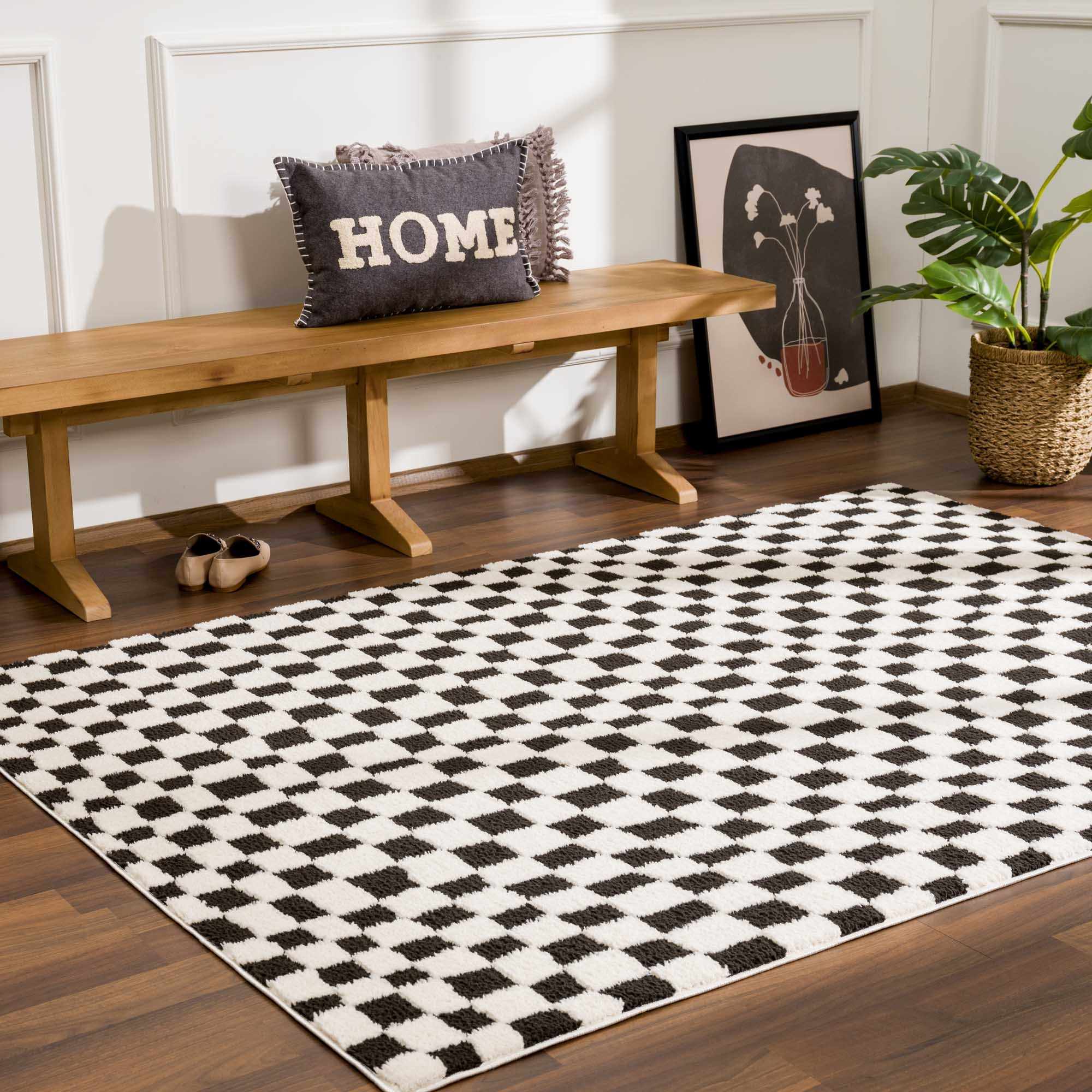 Modern Geometrical Black and Ivory Checkered Plush Pile Moroccan Style Area Rug - Image 20