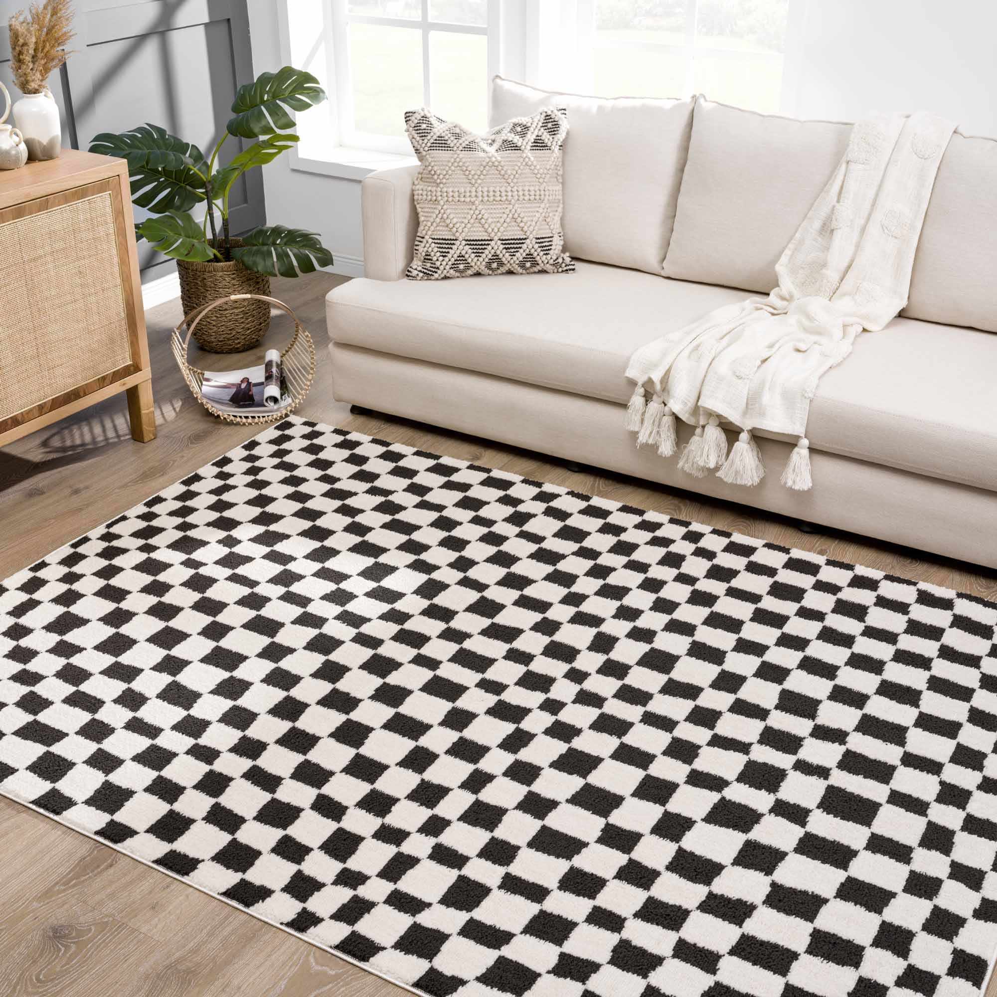 Modern Geometrical Black and Ivory Checkered Plush Pile Moroccan Style Area Rug - Image 21