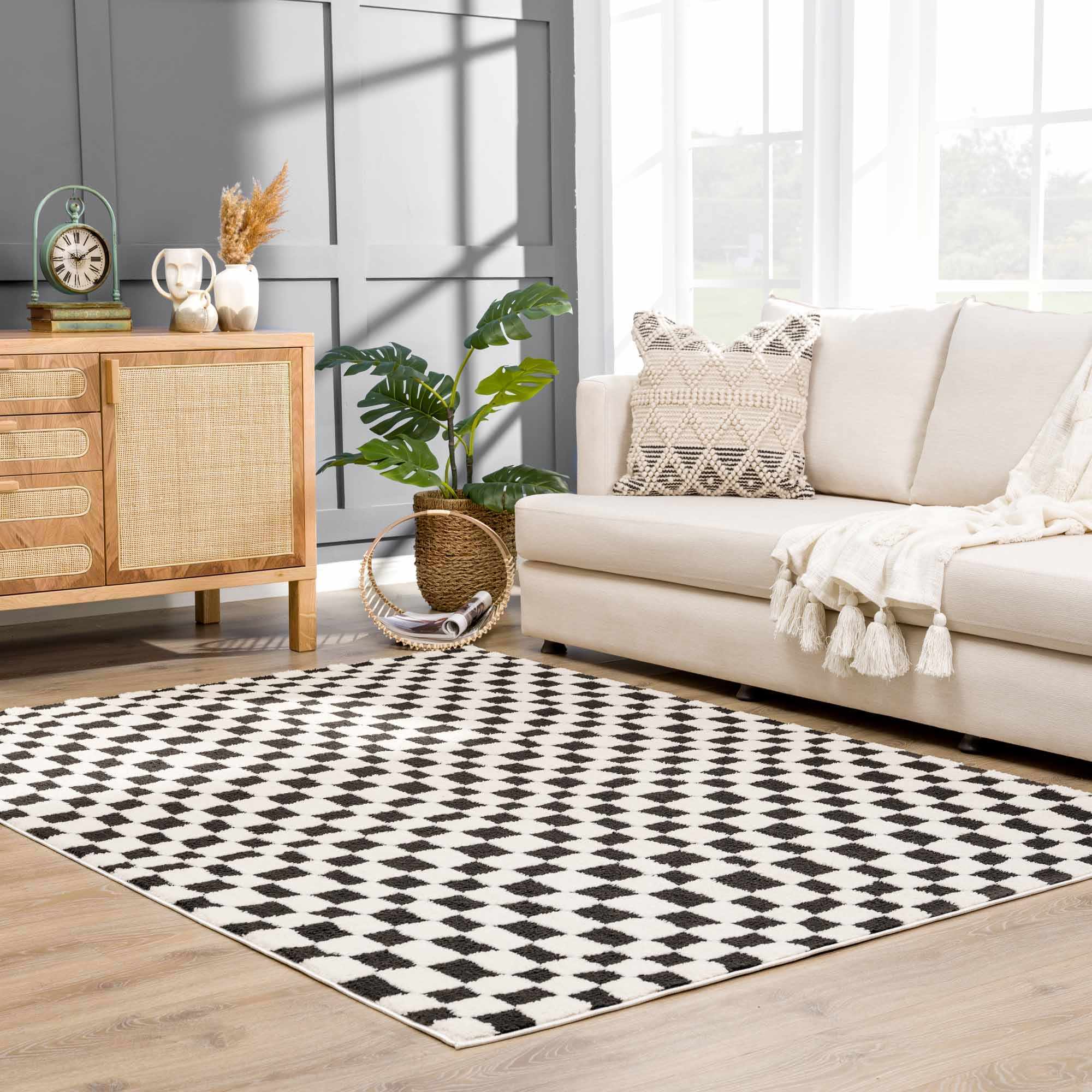 Modern Geometrical Black and Ivory Checkered Plush Pile Moroccan Style Area Rug - Image 6