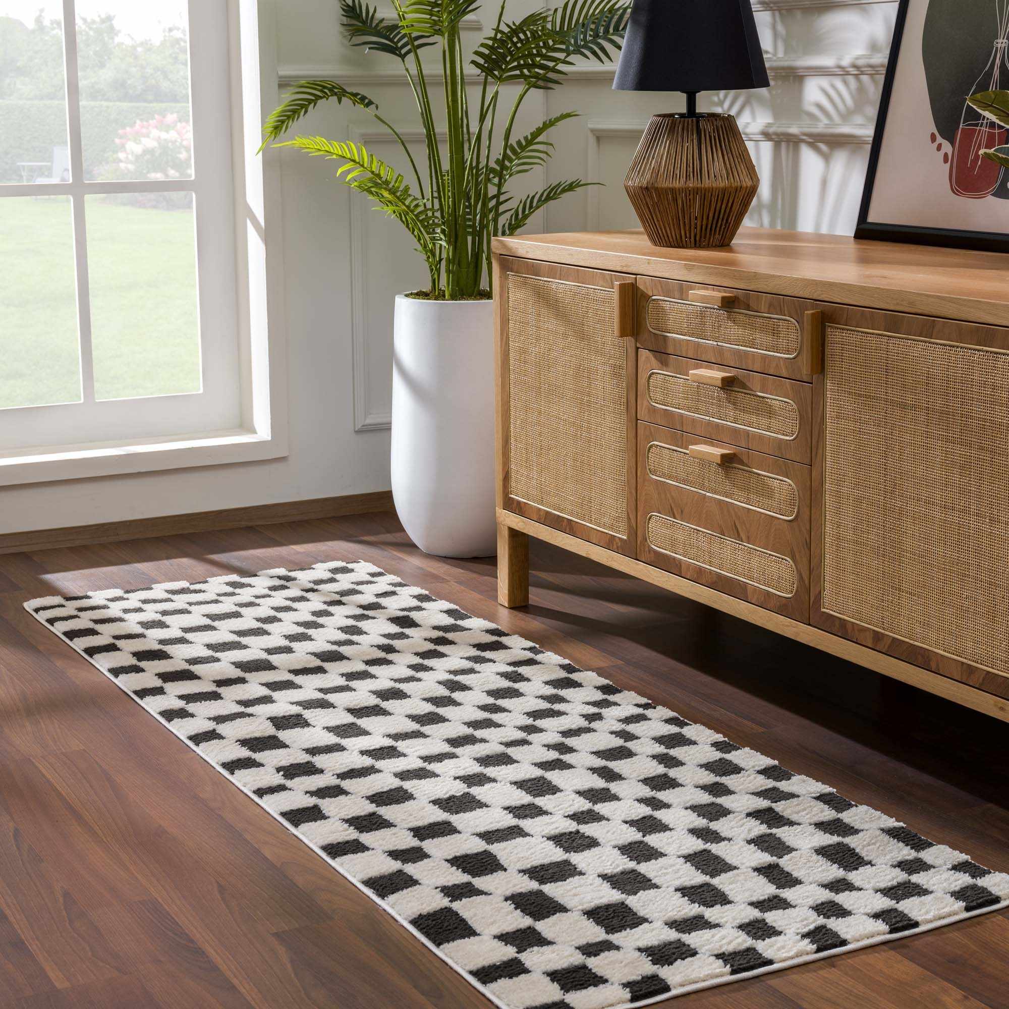 Modern Geometrical Black and Ivory Checkered Plush Pile Moroccan Style Area Rug - Image 7