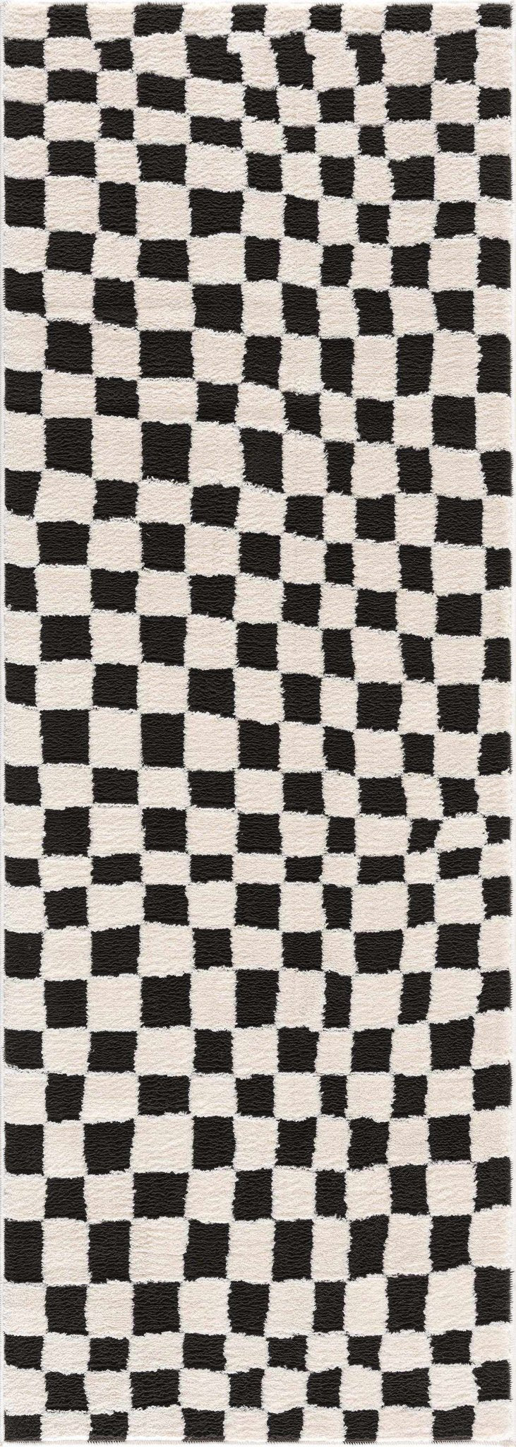 Modern Geometrical Black and Ivory Checkered Plush Pile Moroccan Style Area Rug - Image 8