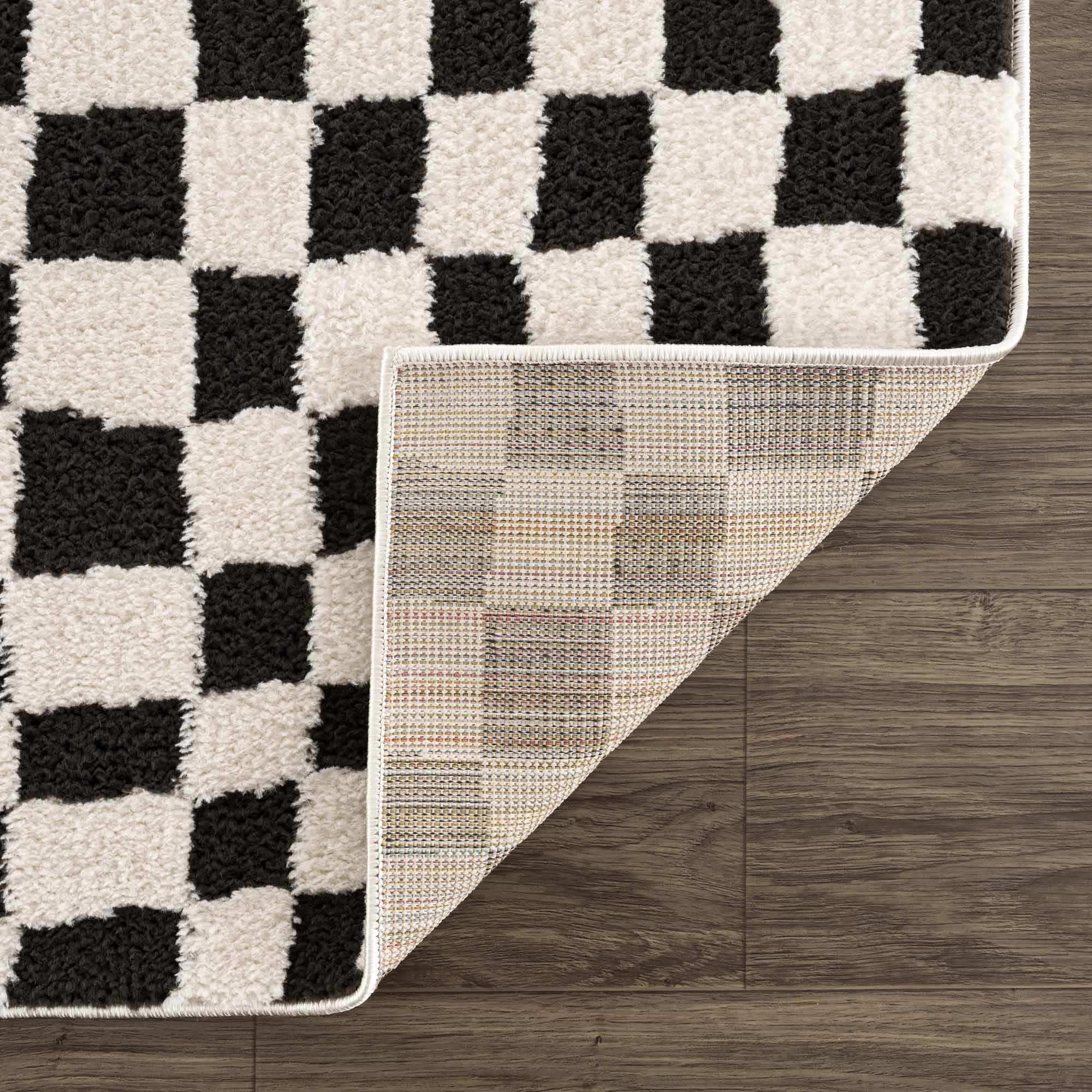 Modern Geometrical Black and Ivory Checkered Plush Pile Moroccan Style Area Rug - Image 9