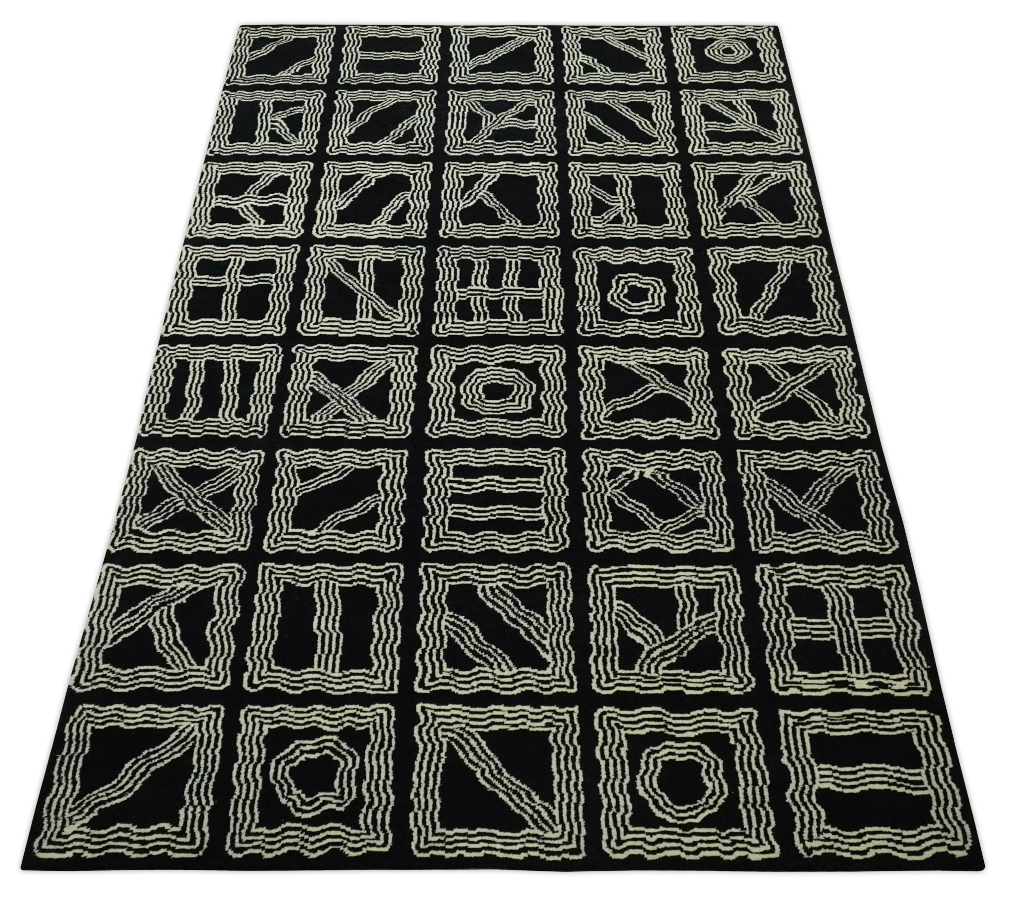 Modern Geometrical Square design Black and Ivory 5x8 Hand loom wool area Rug - Image 10