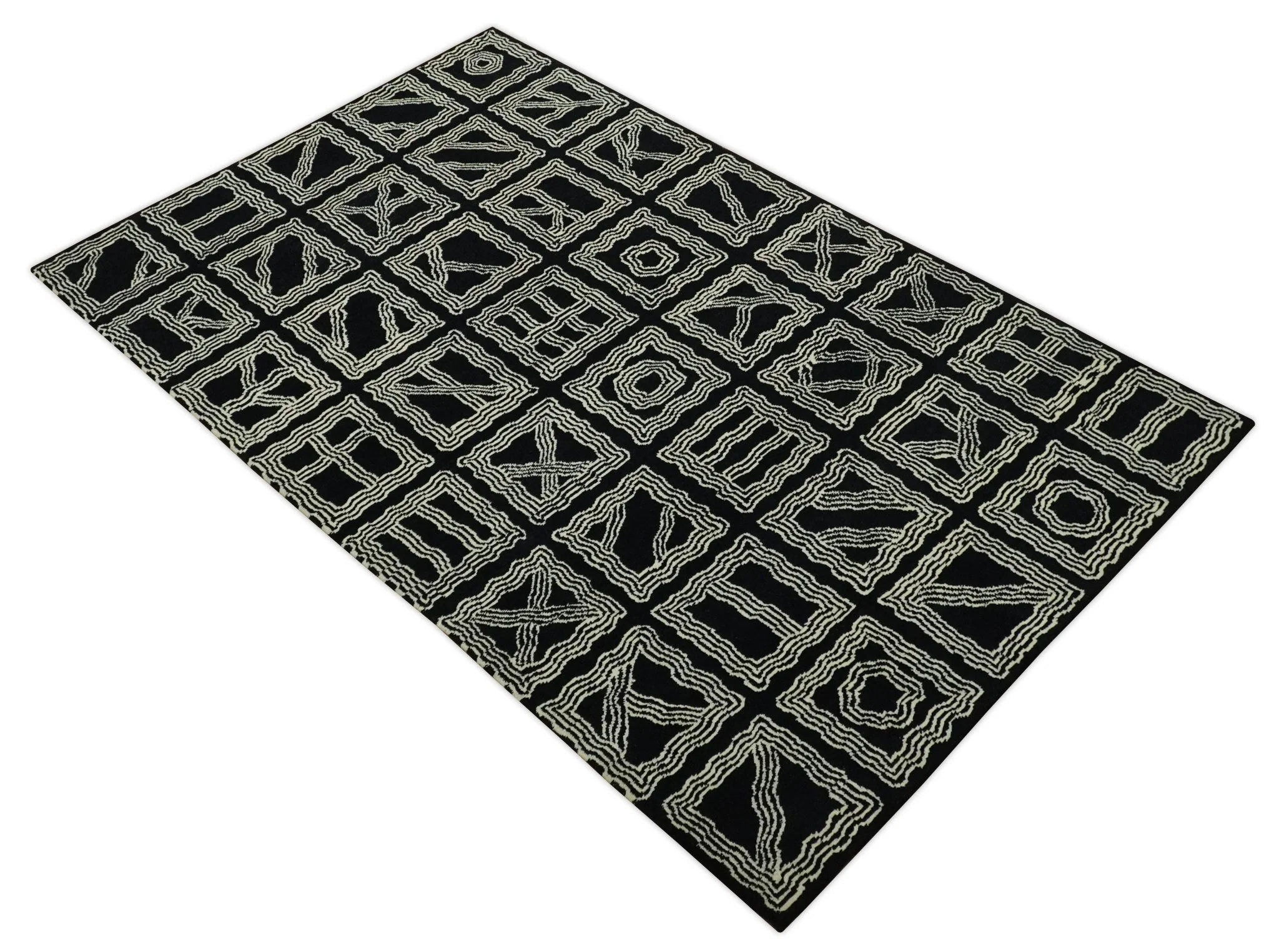 Modern Geometrical Square design Black and Ivory 5x8 Hand loom wool area Rug - Image 9